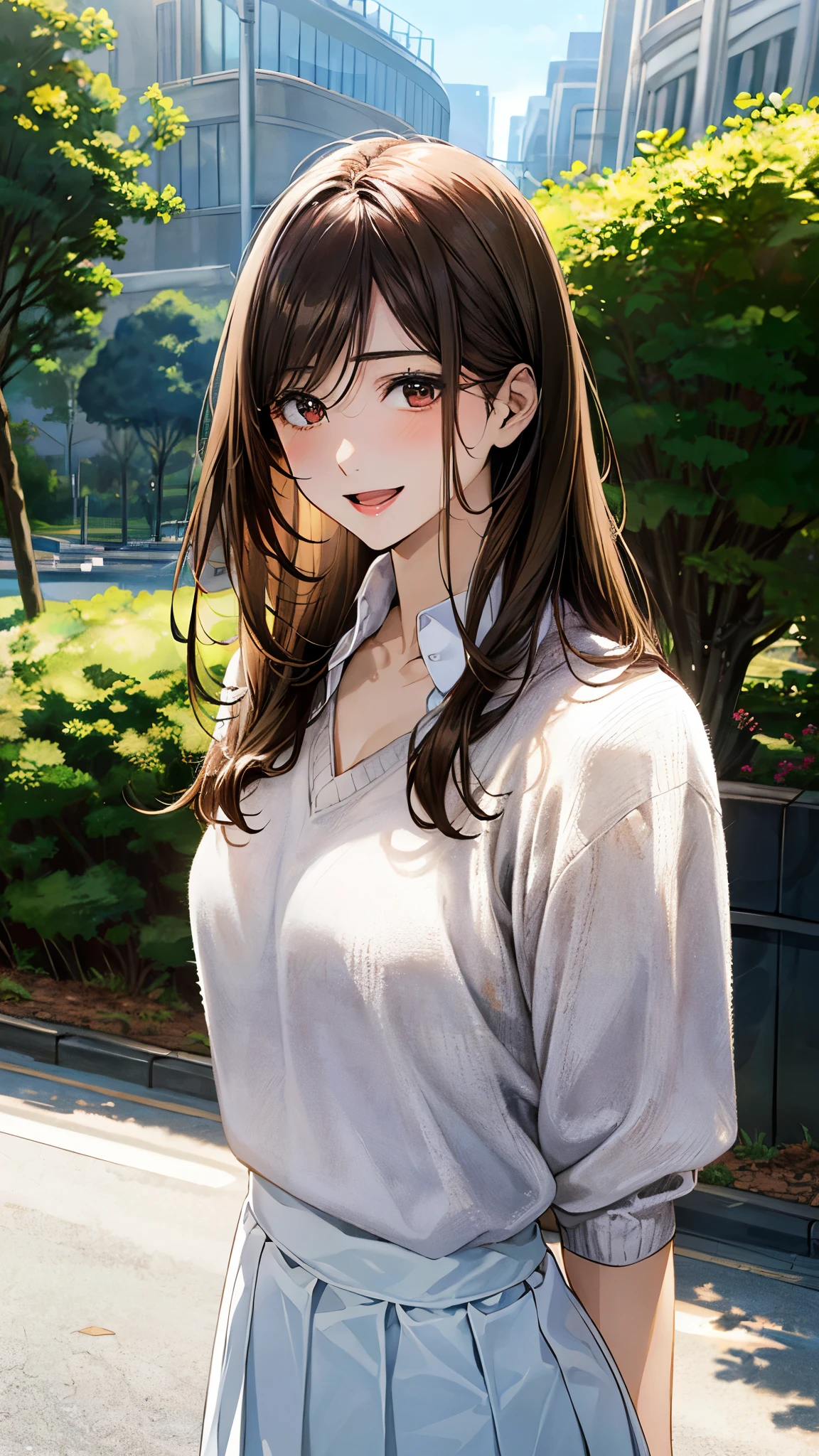 (masterpiece:1.2, top-quality, ultra high res, ultra detailed), (realistic, photorealistic:1.4), beautiful illustration, (natural side lighting, movie lighting), 
looking at viewer, 1 girl, japanese, high school girl, perfect face, (perfect anatomy), cute and symmetrical face, shiny skin, slender, 
(long hair, (low-tied long hair:1.5), wine-brown hair), hair between eyes, swept bangs, brown eyes, drooping eyes, big eyes, long eye lasher, (medium breasts), 
beautiful hair, beautiful face, beautiful detailed eyes, beautiful clavicle, beautiful body, beautiful chest, beautiful thigh, beautiful legs, 
(((white collared shirt), white skirt, (brown v-neck sweater))), 
(beautiful scenery), depth of field, morning, (park, cityscape in the distance), standing, (lovely smile, upper eyes, open mouth),