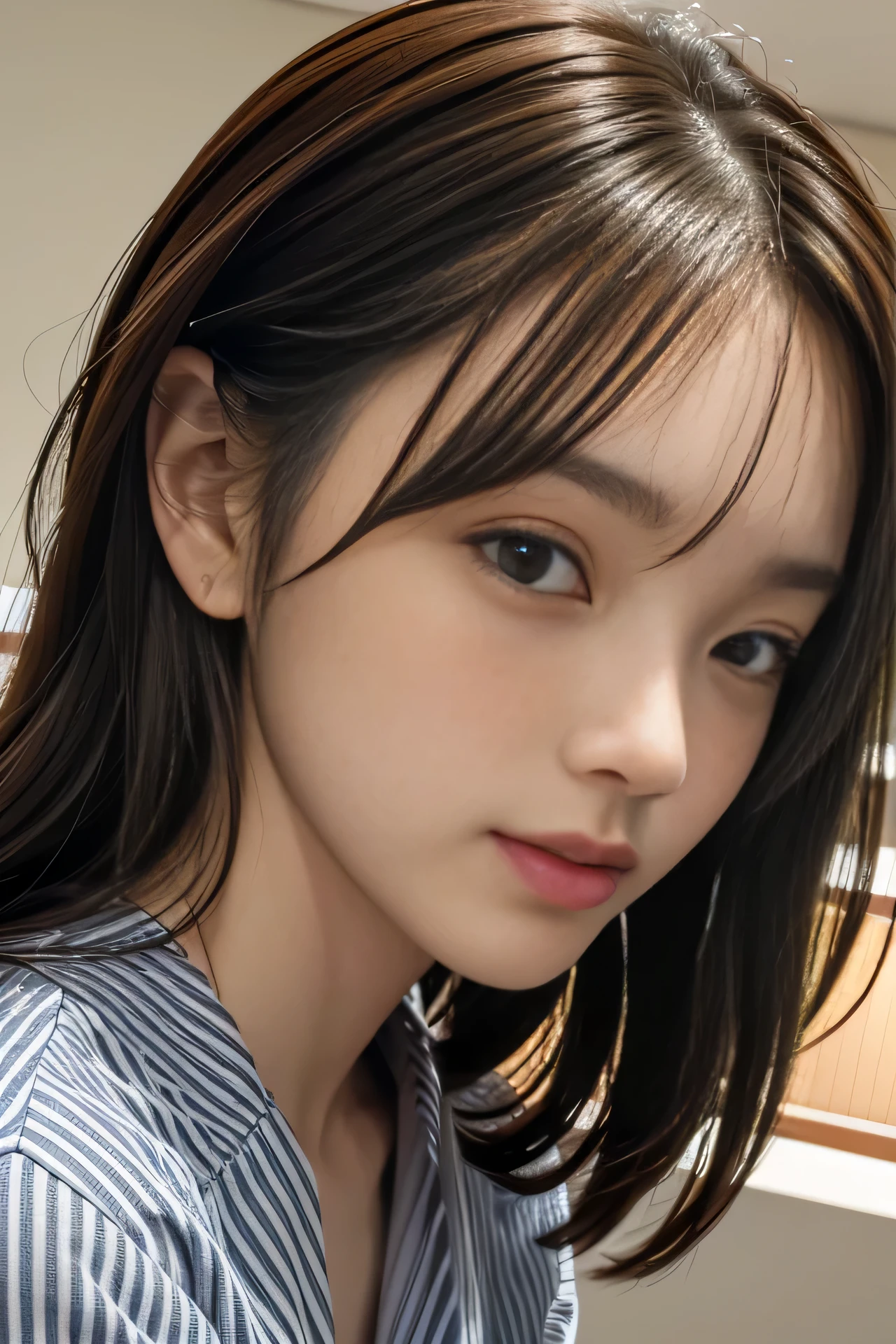 High resolution, RAW photo, realistic, very delicate and beautiful, very detailed, finely, very detailed CG Unity 8K 壁紙, super detailed, (highest quality, 8k, 32K, masterpiece, Hmm:1.2), Photo of a Japanese model, black shirt, striped, beautiful and detailed face, Beautiful clear long eyes, delicate figure, skinny, small breasts, small and beautiful nipples, look at the viewer, cute smile, upper teeth, short hair, long sleeve, button removed, striped shirt, pinstripe pattern, vertical stripes, surreal, real anime girl, old japanese living room, (Upper body, close up of face:1.3),