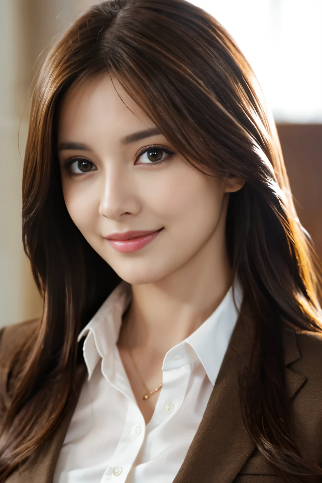 table top, highest quality, realistic, Super detailed, finely, High resolution, 8k wallpaper, one beautiful woman, light brown messy hair, wearing a business suit, sharp focus, perfect dynamic composition, beautiful and detailed eyes, thin hair, Detailed realistic skin texture, smile, close-up portrait, model body shape