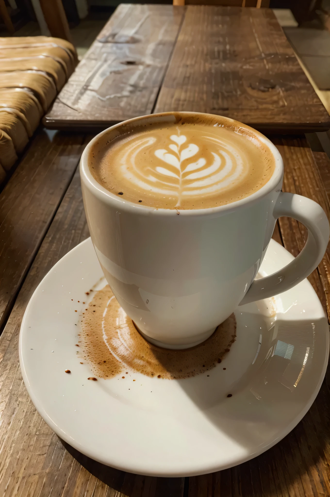 (best quality,ultra HD,realistic:1.2), coffee in a white cup, on a wooden dining table, ultra-detailed, vivid colors