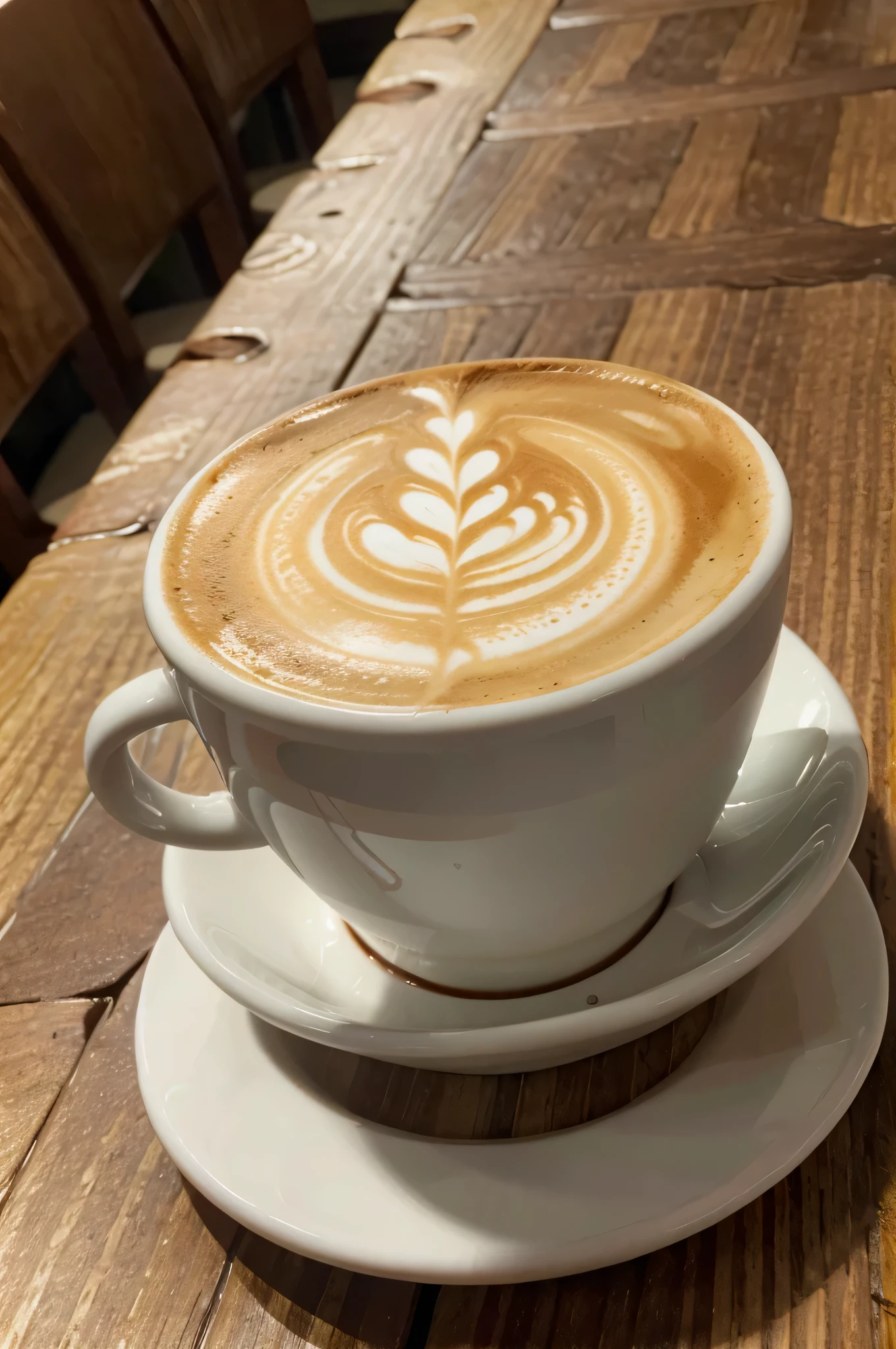 (best quality,ultra HD,realistic:1.2), coffee in a white cup, on a wooden dining table, ultra-detailed, vivid colors