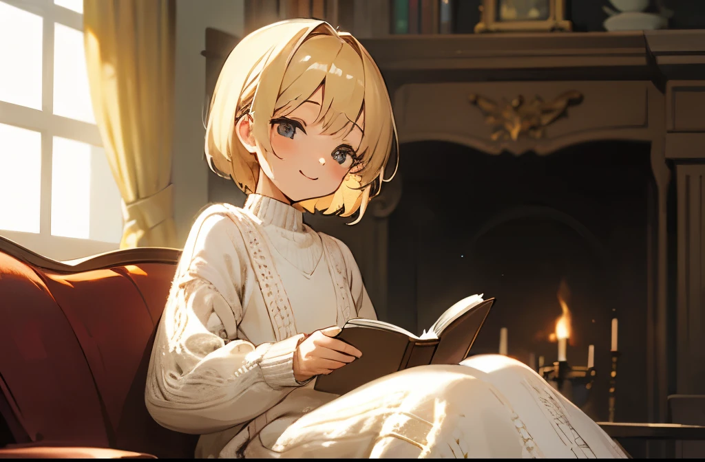 masterpiece、highest quality、small  reading a picture book、There&#39;s a fire in the fireplace、sitting on a sofa in a warm room、blonde girl、Fluffy short hair、Smiling happily、knitted clothes