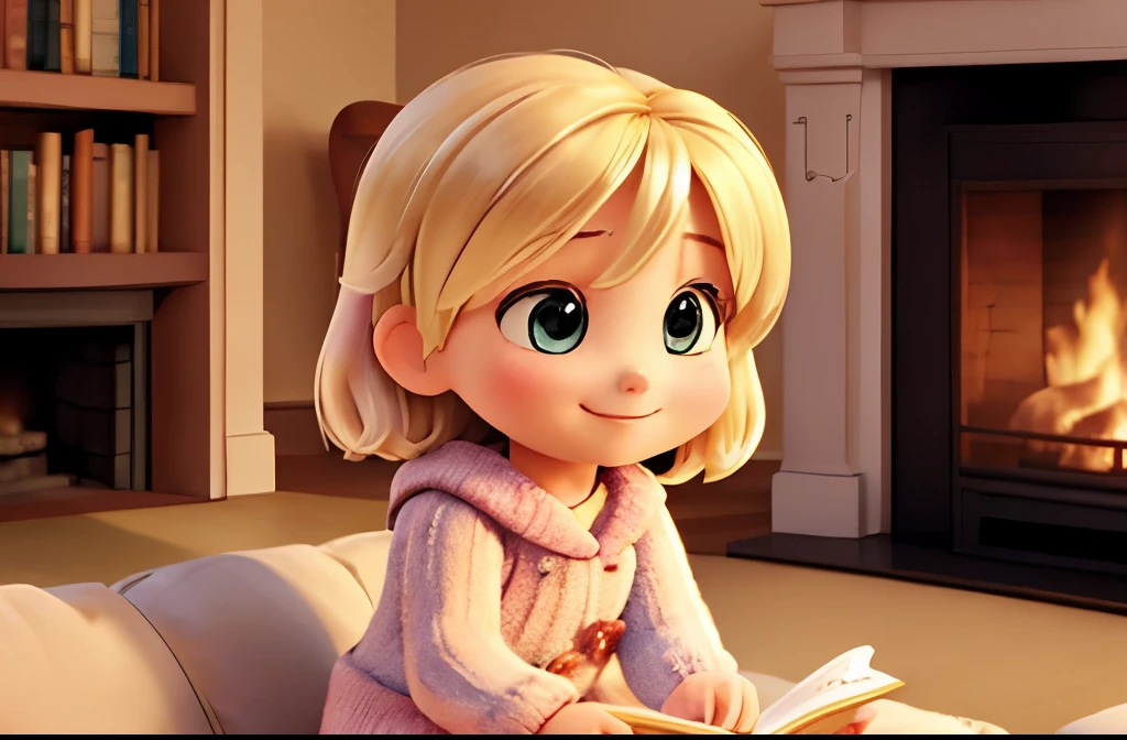 masterpiece、highest quality、small  reading a picture book、There&#39;s a fire in the fireplace、sitting on a sofa in a warm room、blonde girl、Fluffy short hair、Smiling happily、knitted clothes
