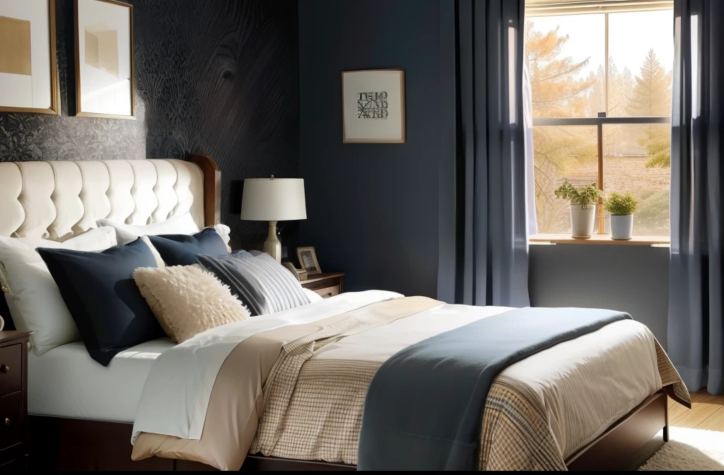 bedroom, black wallpaper, nighttime