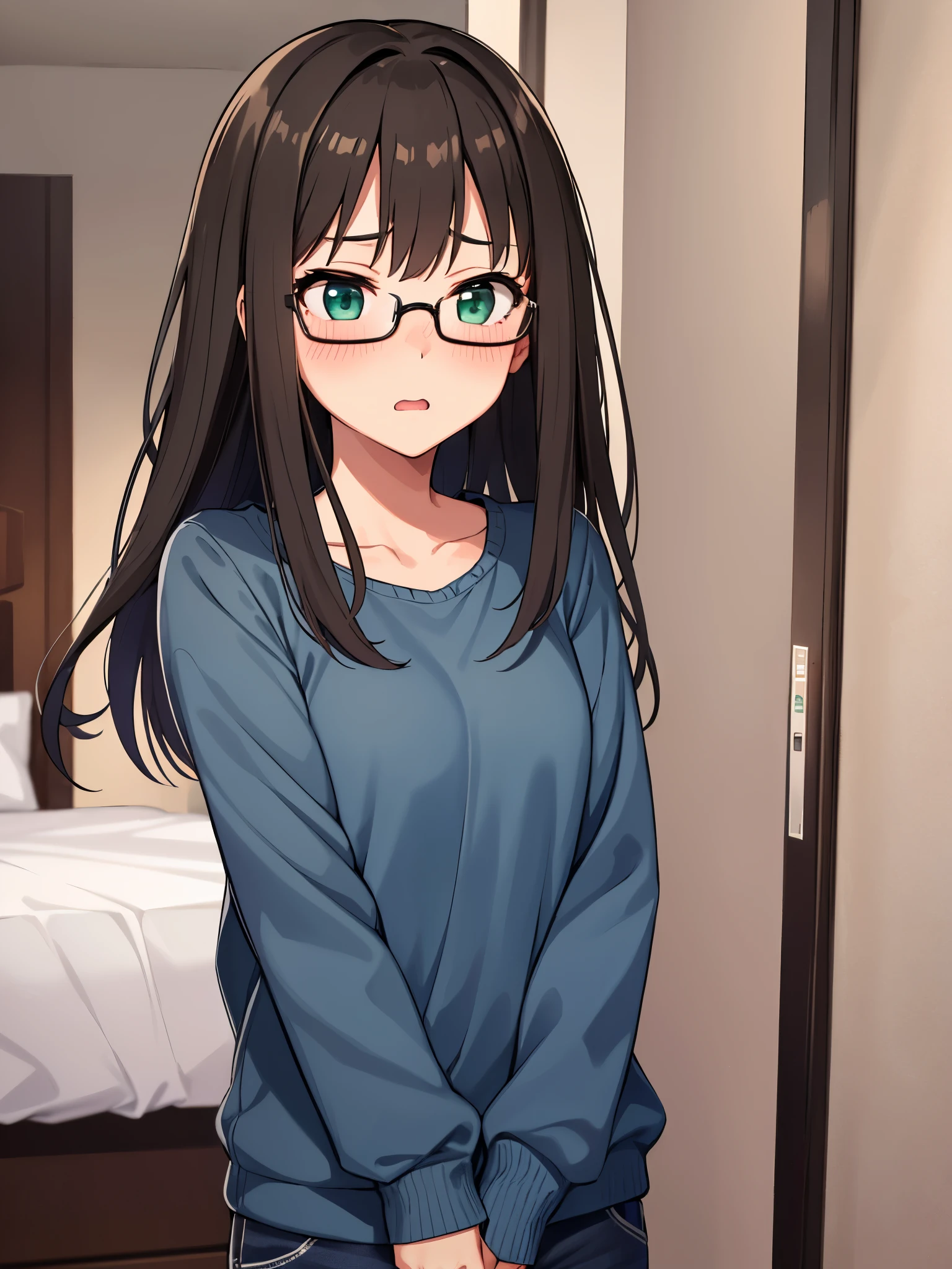 RIN SHIBUYA、1 girl, mature woman, green eyes、black long hair、casual clothes、blue sweater、long pants、I&#39;m panicking、A flustered look、bow, highest quality, hire, detailed face, embarrassed look、blushing、wearing glasses、home bedroom、 detailed background, Depth of written boundary, Bokeh、