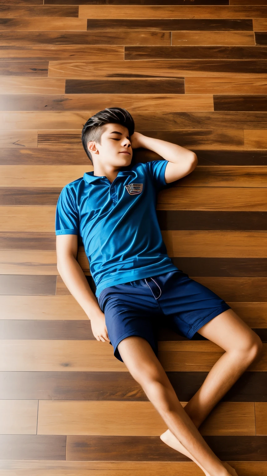 a teenager male sleeping on a wooden floor, view from top