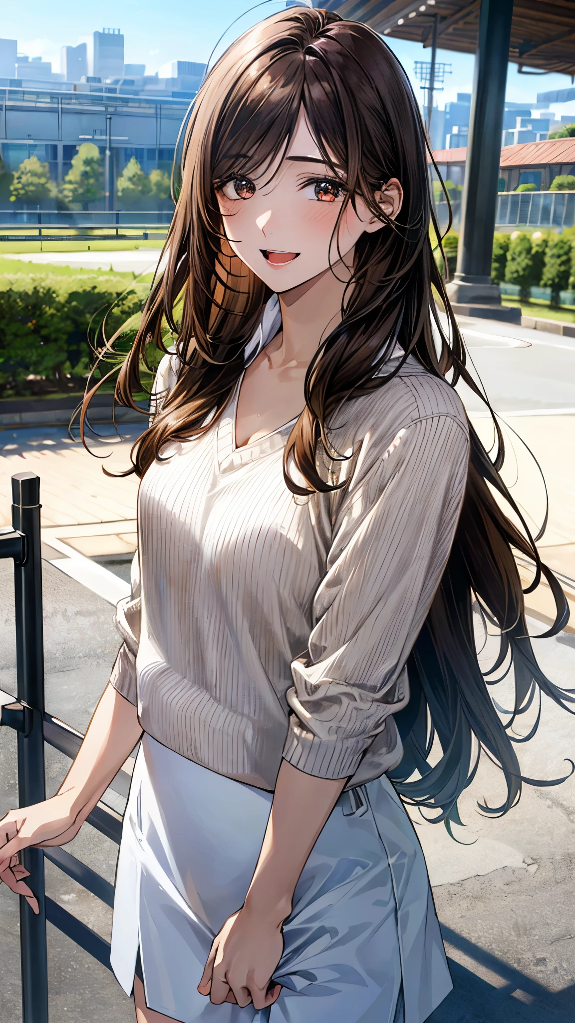 (masterpiece:1.2, top-quality, ultra high res, ultra detailed), (realistic, photorealistic:1.4), beautiful illustration, (natural side lighting, movie lighting), 
looking at viewer, 1 girl, japanese, high school girl, perfect face, (perfect anatomy), cute and symmetrical face, shiny skin, slender, 
(long hair, (low-tied long hair:1.5), (wine-brown hair)), hair between eyes, swept bangs, brown eyes, drooping eyes, big eyes, long eye lasher, (medium breasts), 
beautiful hair, beautiful face, beautiful detailed eyes, beautiful clavicle, beautiful body, beautiful chest, beautiful thigh, beautiful legs, 
(((white collared shirt), white skirt, (brown v-neck sweater))), 
(beautiful scenery), depth of field, morning, (park, cityscape in the distance), standing, (lovely smile, upper eyes, open mouth),