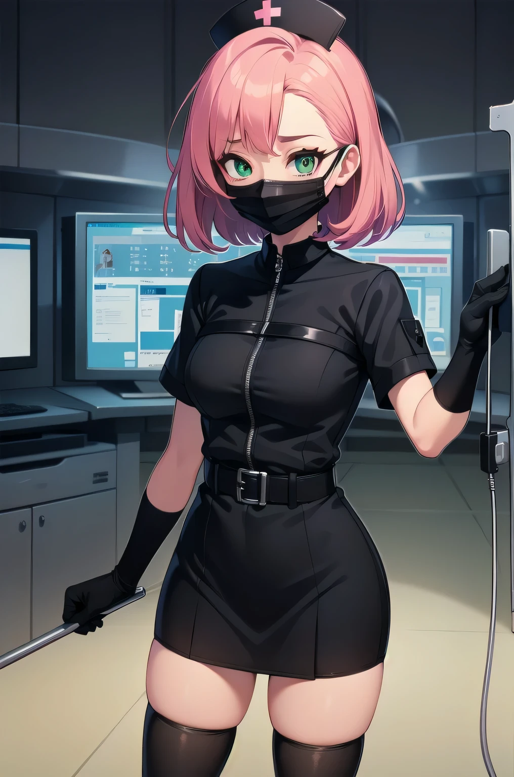black nurse, 1 girl, alone, black nurse cap, Blackware, ((black legwear, zettai ryouiki)), black elbow gloves, pink hair, green eyes, droopy eyes, ((black surgical mask, covered nose)), Are standing, ((operating room)), sharp outline, short sleeve, highest quality, masterpiece
