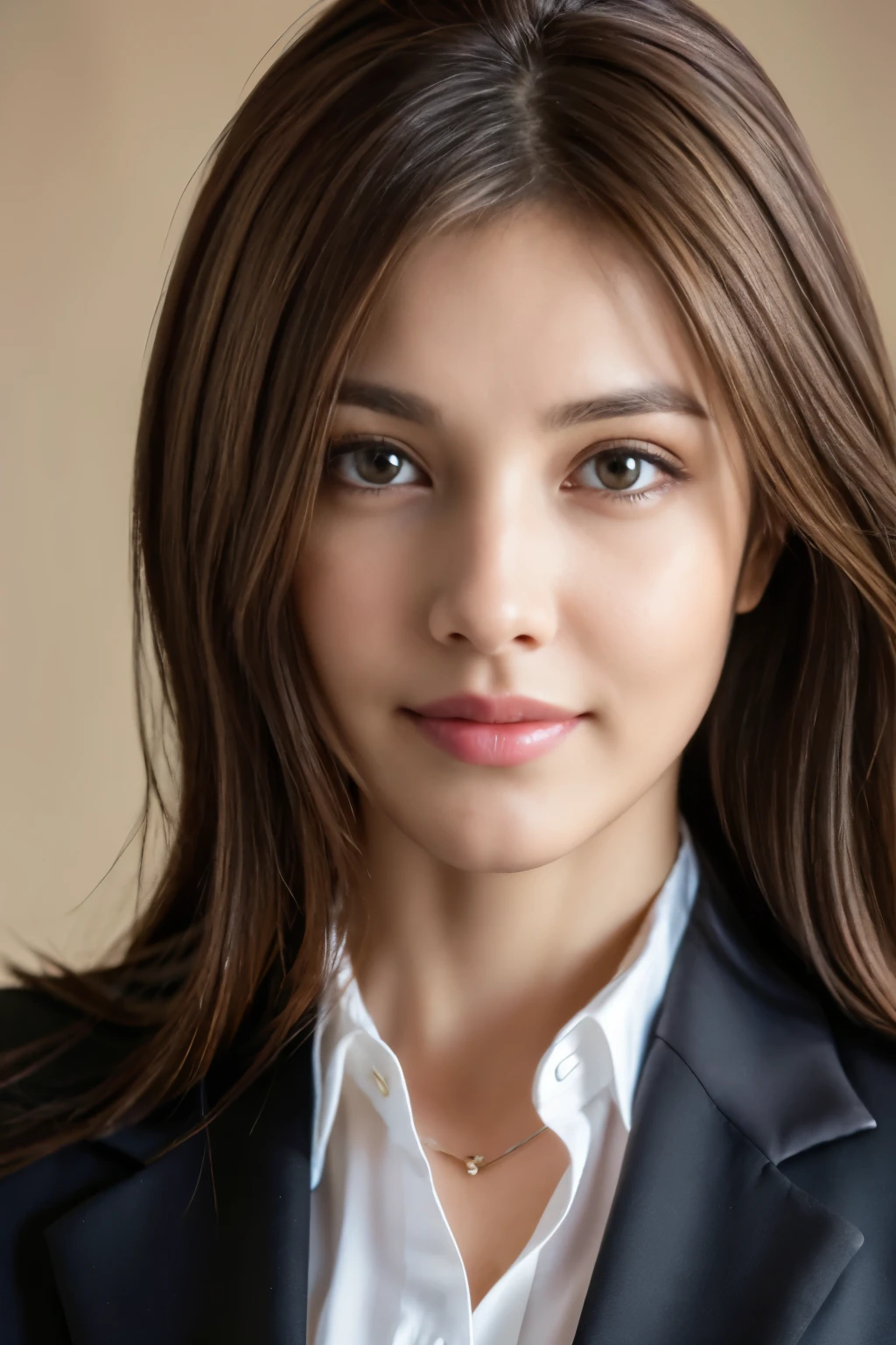 table top, highest quality, realistic, Super detailed, finely, High resolution, 8k wallpaper, one beautiful woman, light brown messy hair, wearing a business suit, sharp focus, perfect dynamic composition, beautiful and detailed eyes, look into the viewer&#39;s eyes, thin hair, Detailed realistic skin texture, smile, close-up portrait, model body shape