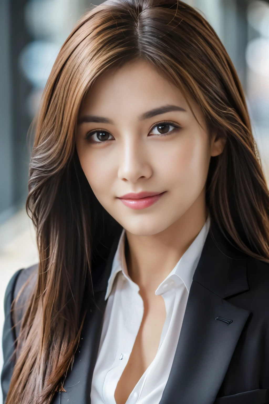 table top, highest quality, realistic, Super detailed, finely, High resolution, 8k wallpaper, one beautiful woman, light brown messy hair, wearing a business suit, sharp focus, perfect dynamic composition, beautiful and detailed eyes, look into the viewer's eyes, thin hair, Detailed realistic skin texture, smile, close-up portrait, model body shape