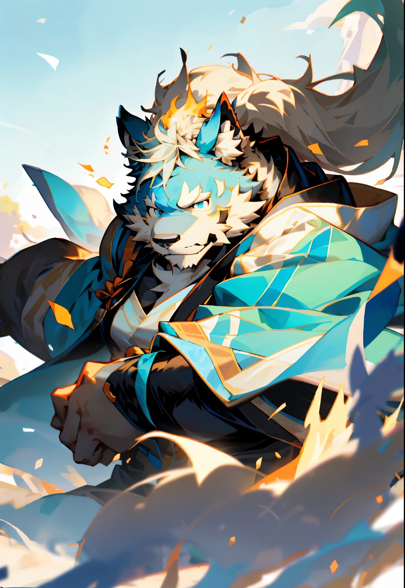男人都有dog脸， dog， light brown fur，light blue eyes ， ， happy expression，light blue eyes， ， light blond hair， ， Wear a black hoodie， Skin details， ， light beige hair， ， Droopy ears， ， ， Deviation trend， furry art， hairy chest， furry beast， furry characters， hairy body，The furry neck grinned，naked，Upper body exposed，，long ponytail，，black cloak，，身体周围环绕flame，蓝色的flame，flame