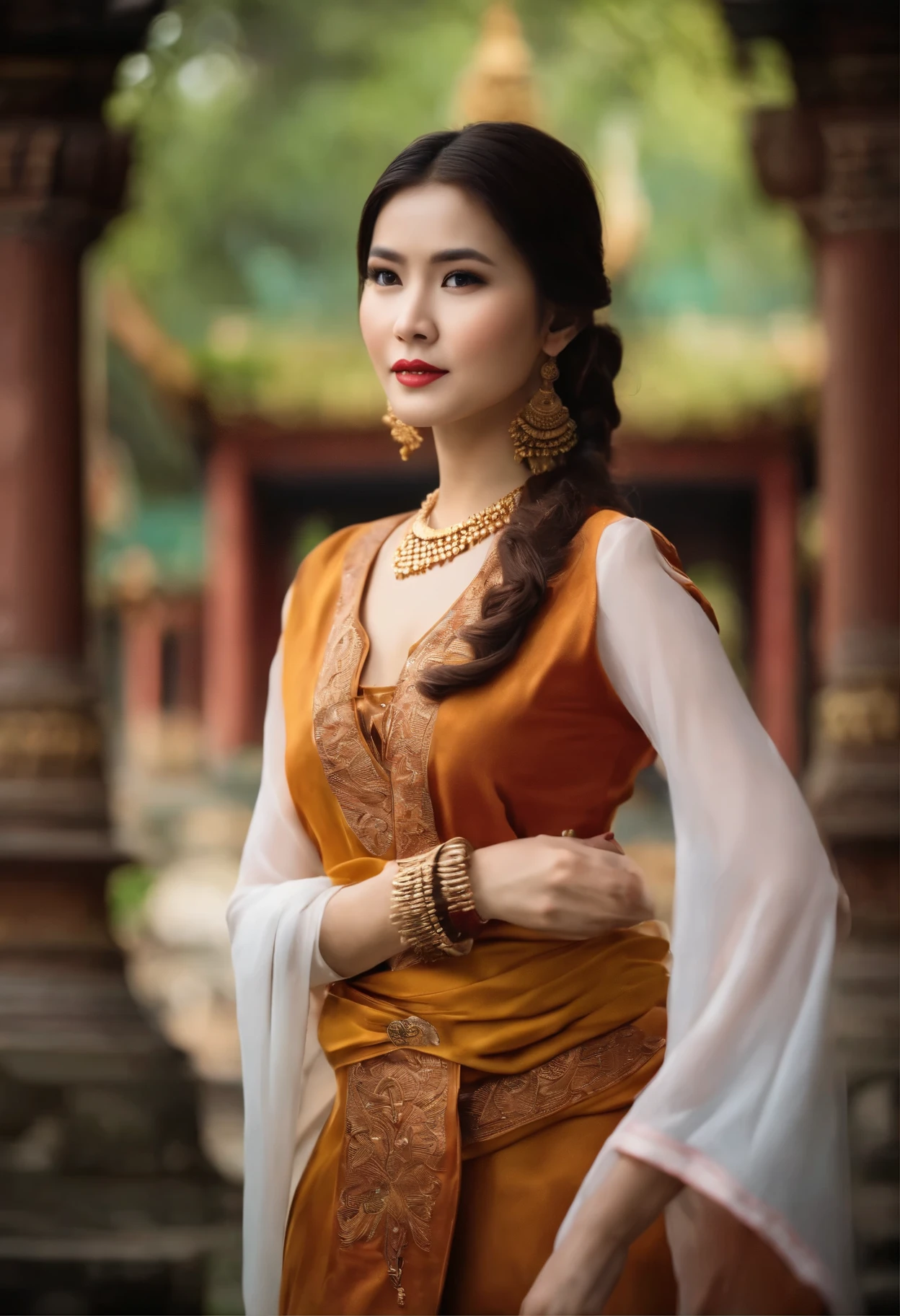 Masterpiece, 1girl best,,brown hair,shut your mouth,colorful background,looking at the audience,outdoor, Thai temple,only,upper body,Temptation,clean,exquisite face,pure face,white skin,sexy pose,((Traditional Thai dress)),long hair,((The perfect woman's figure),real person,