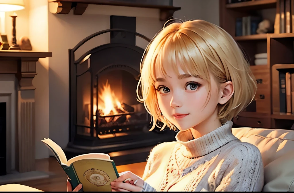 masterpiece、highest quality、small reading a picture book、There's a fire in the fireplace、sitting on a sofa in a warm room、blonde girl、Fluffy short hair、Smiling happily、knitted clothes