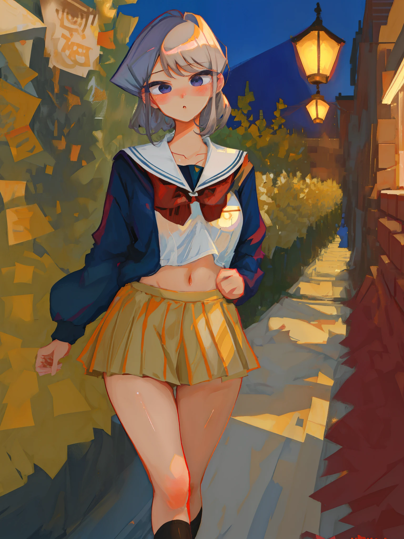 (slightly tanned Komi San:1.2), (tight clothes), (kawaii), cute face, blush, (school uniform), (Long torso:1.2), navel, (perky breasts:1.2), light thick thighs, (slightly long legs), (accurate proportional anatomy), (background), (high fantasy:1.2)