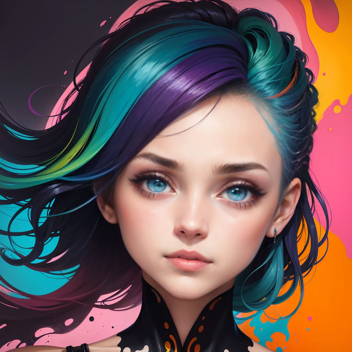 (Pink fashion T-shirt:1.9),(Colorful hair:1.8),(Rainbow all colors:1.8),((((Vertical painting:1.6))),(painting of a:1.6),frontage,comic strip,illustration,painting of a,largeeyes,crystal-clear,(Rainbow gradient hair:1.7),Delicatemakeup,Keep one's mouth shut,(Small Fresh:1.5),(Bandeau:1.6),long eyelasher,White shoulder T- shirt, White Shoulder Shirt,looking at viewert,watery big eyes,(rainbow colour hair:1.6), colored splashing, (Solo:1.8), colored splashing, Color explosion, Color splattering, Color explosion, Thick lacquer style,Messy lines,((Shining)) ,(Colorful), (Colorful), (Colorful), Colorful, Thick Paint Style, (Splash) (colored splashing), Vertical painting,, paint splatter, Acrylic Pigment, Gradient, Paint, Highest image quality, Highest image quality, Masterpiece, Solo, Depth of field, facepaint, Colorful clothes, (ellegance: 1.2), opulent, long whitr hair, ventania, (ellegance: 1.3), (petals: 1.4),(((Masterpiece))),(((Best quality at best))),((ultra - detailed)),(illustratio),(dynamic angle),((floatking)),(Paintwork),((Loose hair)),(Solo),(1girll) , (( (Detailed anima face))),((Beautiful detailed face)),collars,exposed bare shoulders,whaite hair,((The color hair)),((Striped hair)),Beautiful detailed eyes,(Gradient color eyes),(( (Colored eyes))),Iridescent pupils,(((coloured background))),(((high saturated))),(((Surrounded by colorful splashes))),