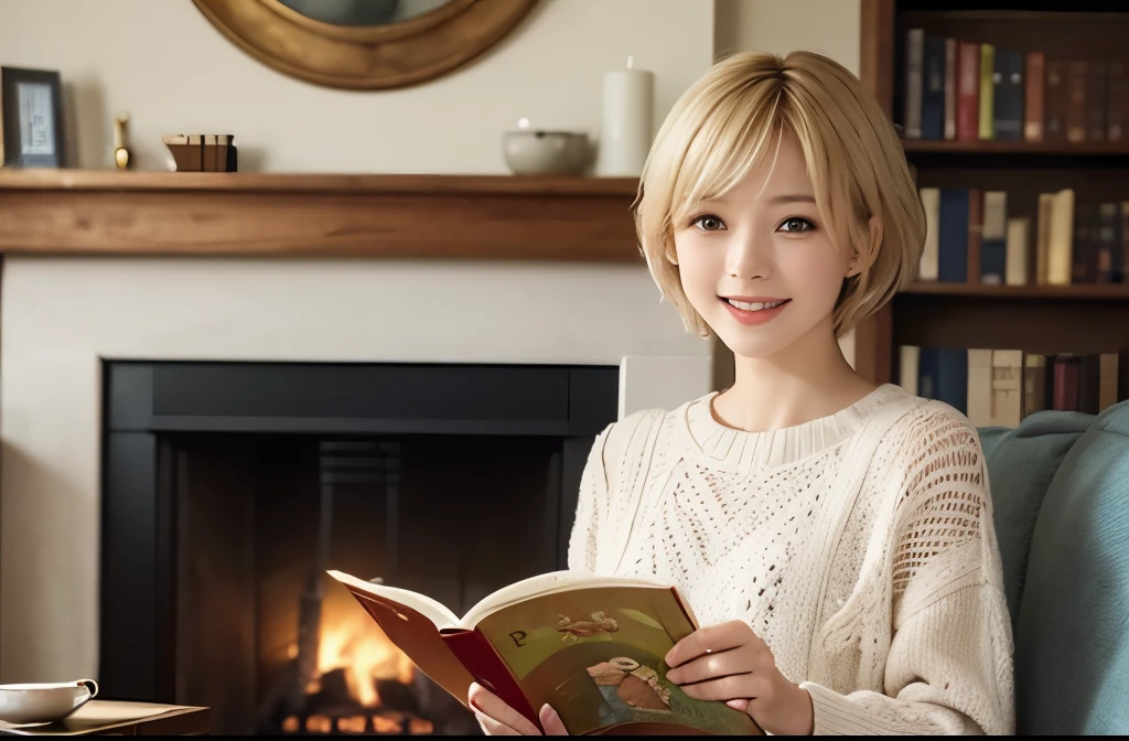 masterpiece、highest quality、small reading a picture book、There's a fire in the fireplace、sitting on a sofa in a warm room、blonde girl、Fluffy short hair、Smiling happily、knitted clothes