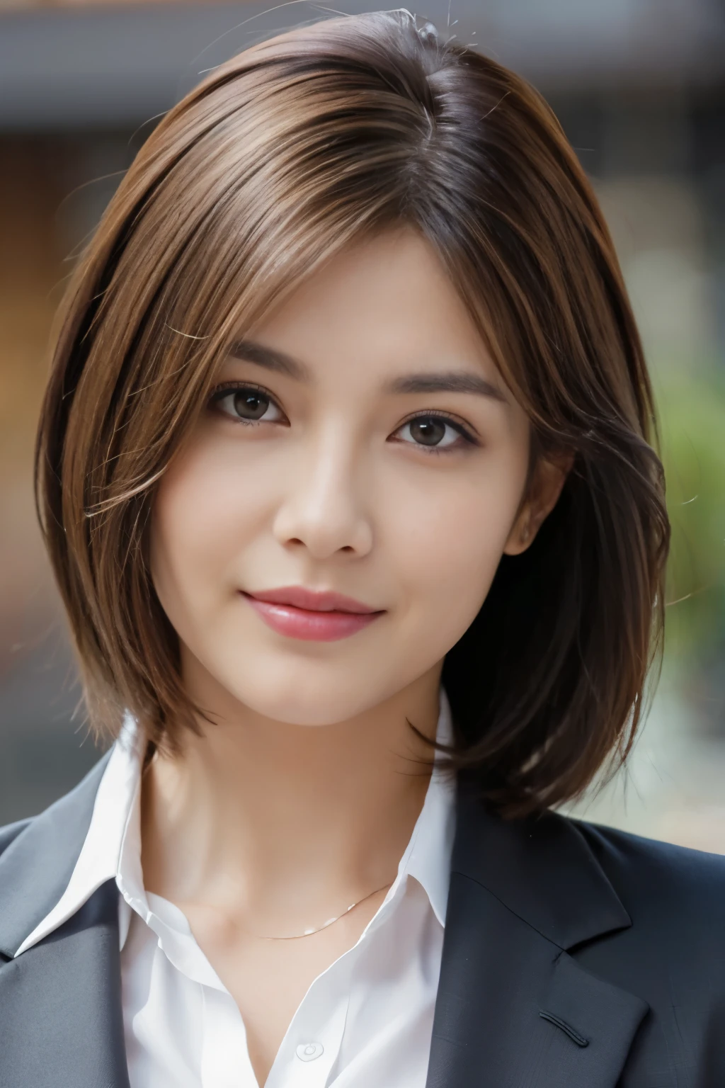 table top, highest quality, realistic, Super detailed, finely, High resolution, 8k wallpaper, one beautiful woman, light brown messy hair, wearing a business suit, sharp focus, perfect dynamic composition, beautiful and detailed eyes, look into the viewer&#39;s eyes, thin hair, short hair, Detailed realistic skin texture, smile, close-up portrait, model body shape