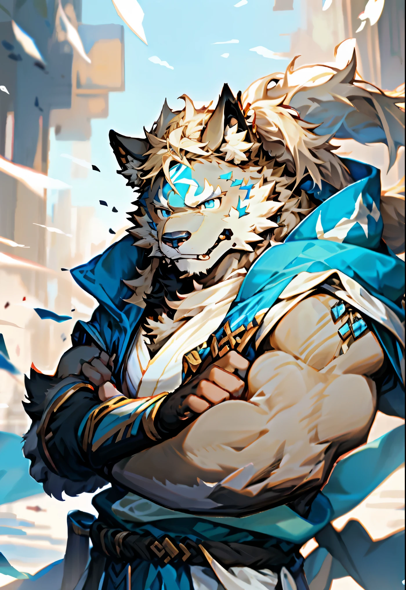 男人都有dog脸， dog， light brown fur，light blue eyes ， ， happy expression，light blue eyes， ， light blond hair， ， Wear a black hoodie， Skin details， ， light beige hair， ， Droopy ears， ， ， Deviation trend， furry art， hairy chest， furry beast， furry characters， hairy body，The furry neck grinned，naked，Upper body exposed，，long ponytail，，black cloak，，Lightning effect surrounding the body，手持sword，sword