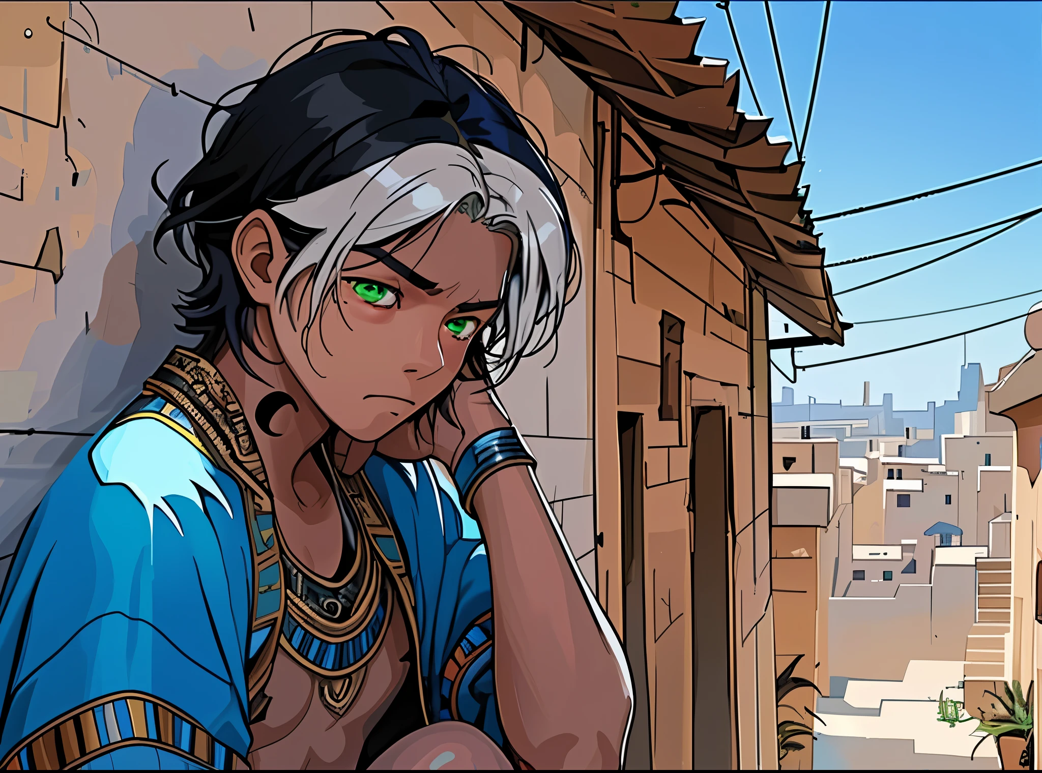 a sad pensive 9 year old boy remembering something green eyes