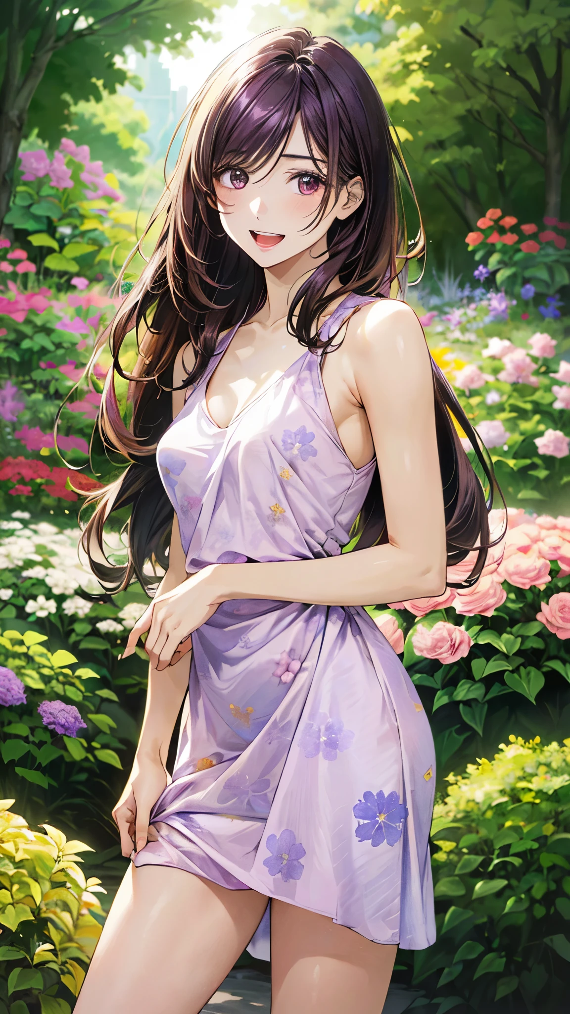 (masterpiece:1.2, top-quality, ultra high res, ultra detailed), (realistic, photorealistic:1.4), beautiful illustration, (natural side lighting, movie lighting),
looking at viewer, 1 girl, japanese, high school girl, perfect face, (perfect anatomy), cute and symmetrical face, shiny skin, slender,
(long hair, (low-tied long hair:1.5), purple hair), hair between eyes, swept bangs, brown eyes, drooping eyes, big eyes, long eye lasher, (medium breasts),
beautiful hair, beautiful face, beautiful detailed eyes, beautiful clavicle, beautiful body, beautiful chest, beautiful thigh, beautiful legs,
((light purple and pink flower pattern dress)),
(beautiful scenery), depth of field, morning, (flower garden), standing, (lovely smile, upper eyes, open mouth),
