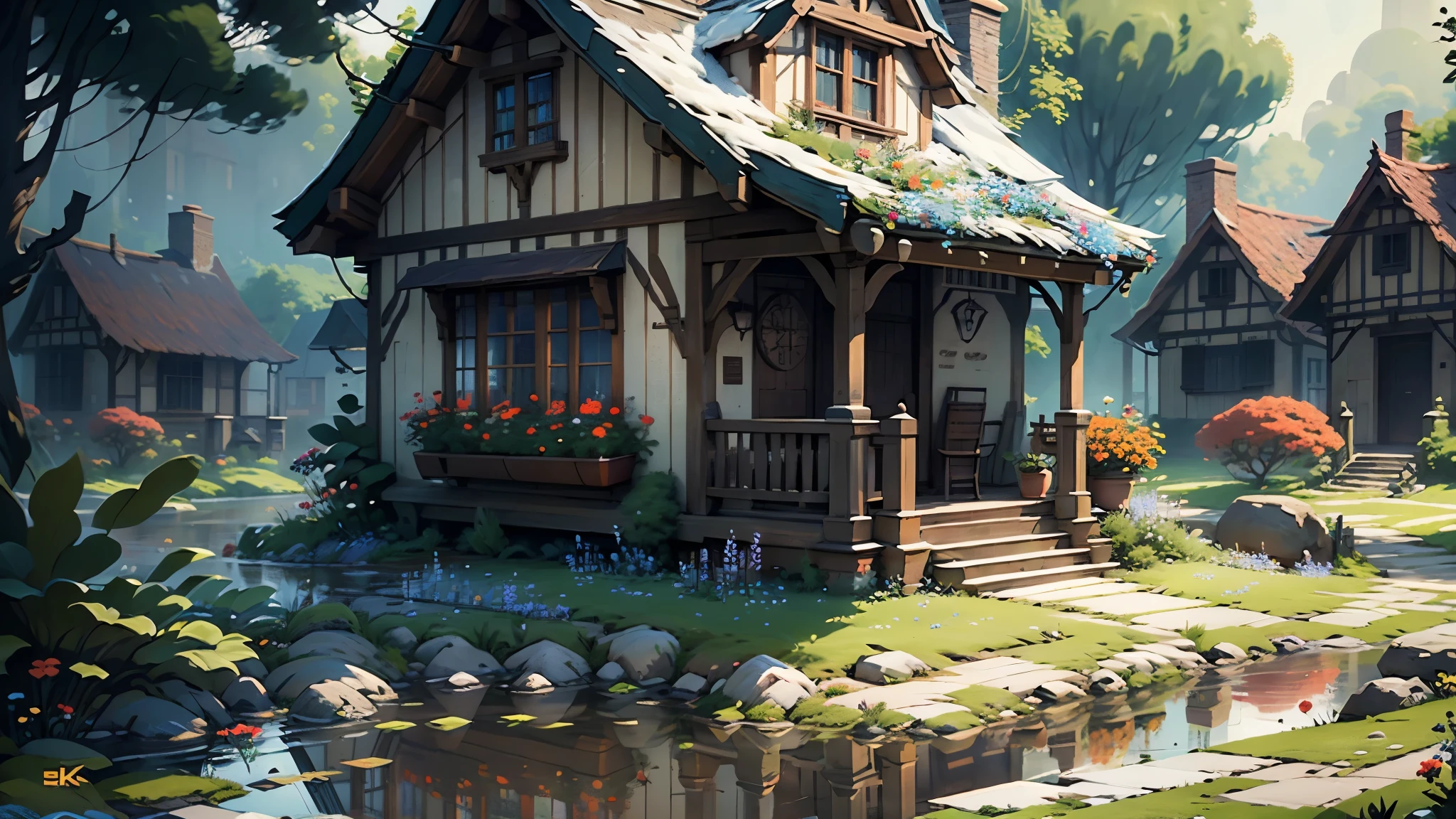  (8K, HD), a little town, a lot of grass, nature, beautiful townscape, perfect reflections, peaceful life, bright sun, flowers blooming, parkways, holiday atmosphere, peaceful atmosphere, cute buildings, cinematic lighting, depth of field, ray tracing, reflection light, (masterpiece:1.2), (best quality)