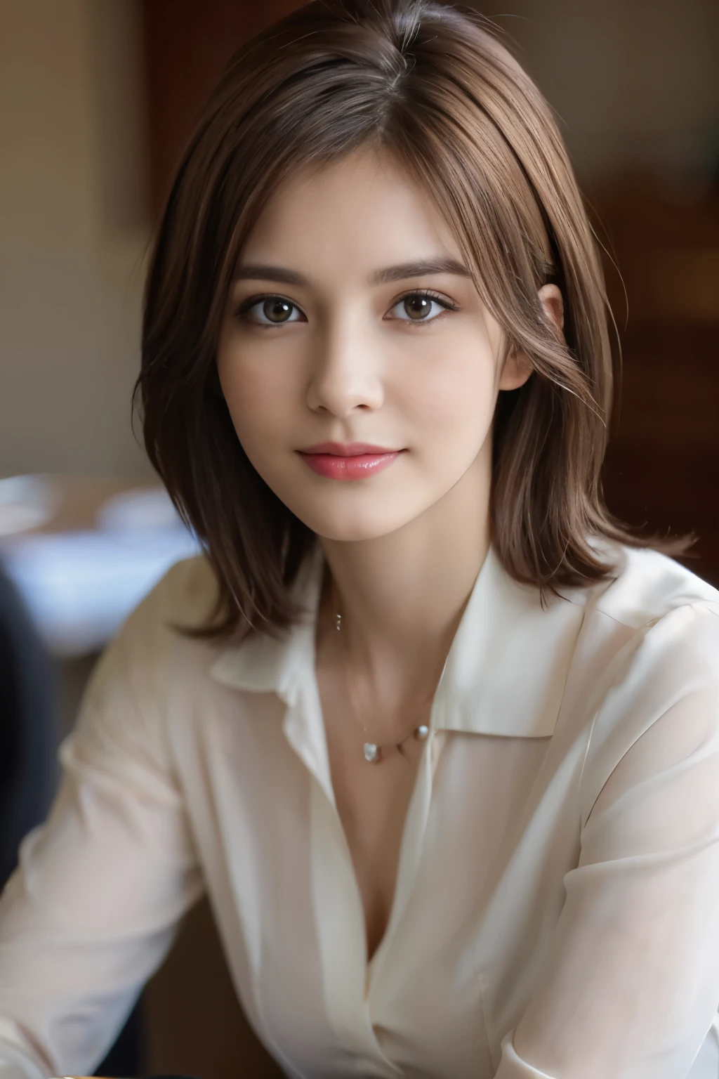 table top, highest quality, realistic, Super detailed, finely, High resolution, 8k wallpaper, one beautiful woman, light brown messy hair, wearing a business suit, sharp focus, perfect dynamic composition, beautiful and detailed eyes, look into the viewer's eyes, thin hair, short hair, Detailed realistic skin texture, smile, close-up portrait, model body shape