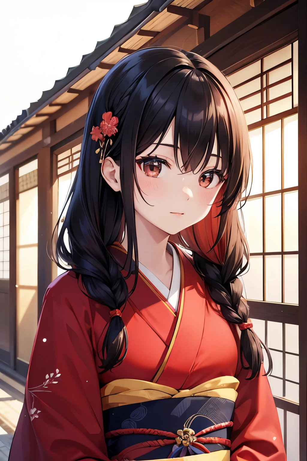 best quality, highres,1 woman,Slender、small face、brown eyes、(tall:1.3)、black hair BREAK、long hair、(red kimono:1.4)、(beautiful woman:1.5)、hair ornaments、25 years old、Mature、winter、blue sky、Braid