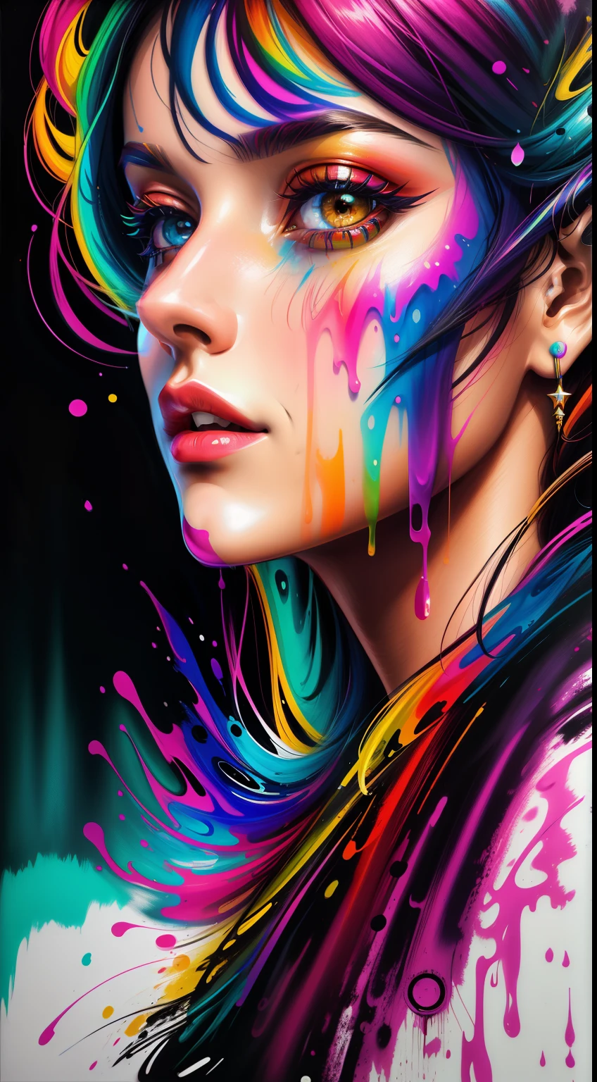 uma mulher com tinta colorida no rosto e no cabelo, gotejamento com cor, arte colorida bonita!, lindo arte digital, Pintura de Arte, Bela arte UHD 4K, retrato abstrato, arte colorida, linda arte digital linda, Arte de Alessandro Pautasso, face submerged in colored oils, pintura colorida, Beautiful acrylic fluid portrait, Tinta colorida, arte digital impressionante, arte colorida