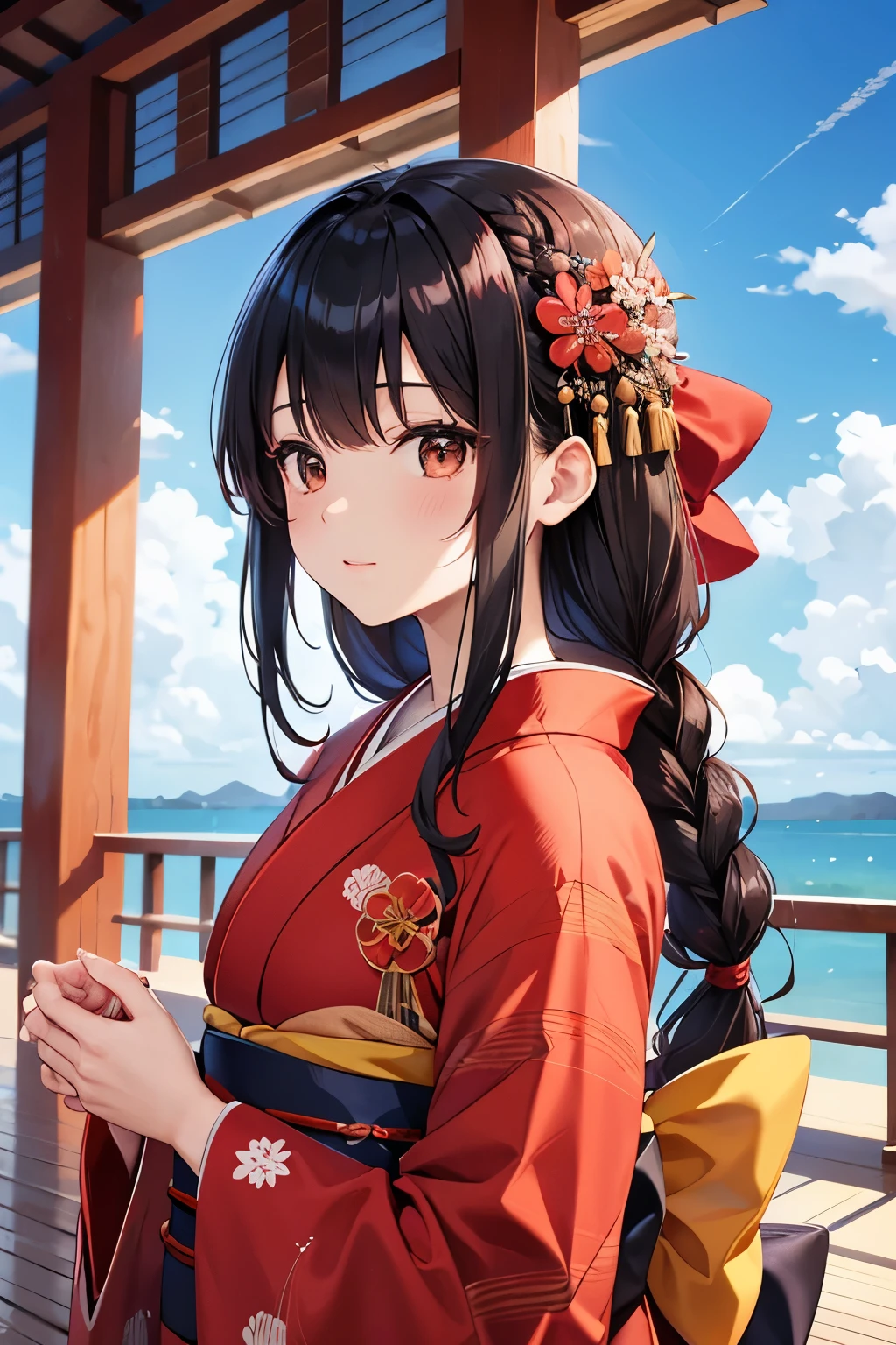 best quality, highres,1 woman,Slender、small face、brown eyes、(tall:1.3)、black hair BREAK、long hair、(red kimono:1.4)、(beautiful woman:1.5)、hair ornaments、25 years old、Mature、winter、blue sky、Braid