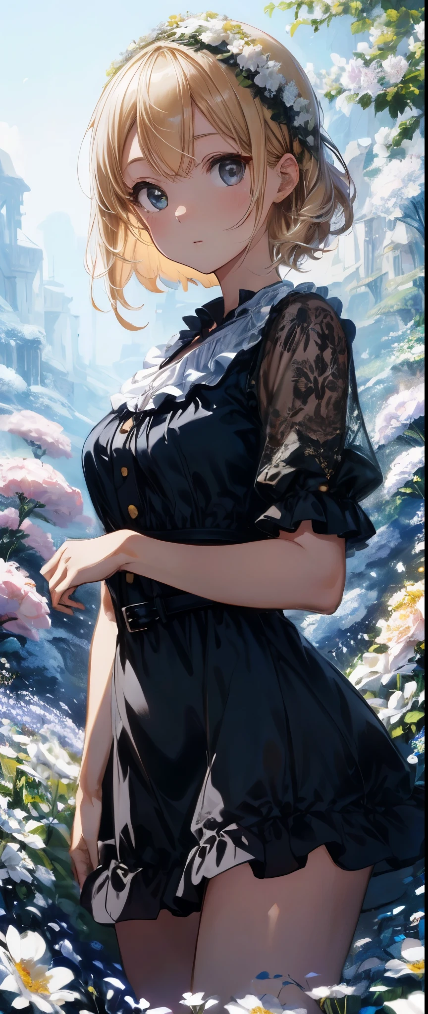 (superb quality, hi resolution, extremely detailed), full body, zoom out, any pose, (in the beautiful sea of flowers there is a short blonde hair girl wearing one piece dress), illustration style, Color Field painting, mesmerising background, Conceptual art, depth of field, cinematic lighting, ray tracing, UHD, masterpiece, ccurate, anatomically correct, super detail, high details, high quality, best quality, highres