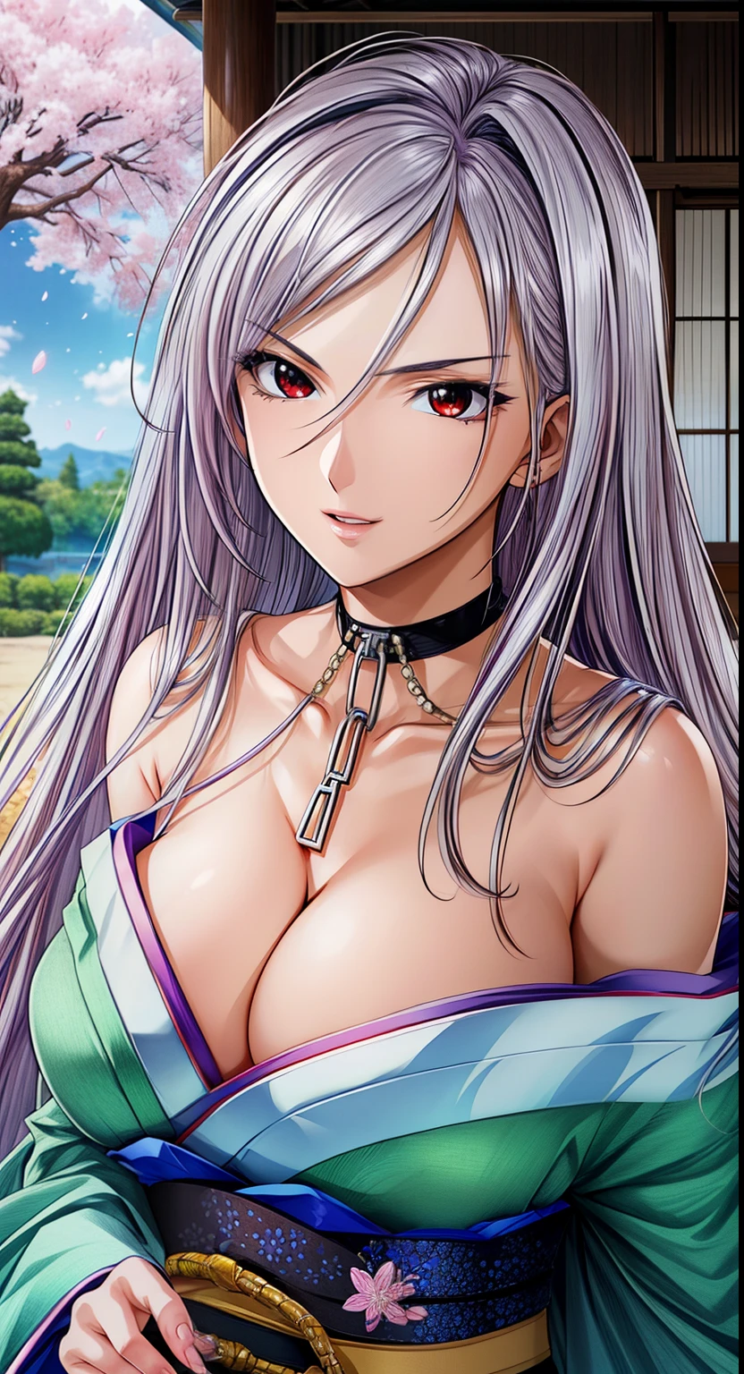 red eyes, (highest quality, masterpiece絵画:1.3), mature woman, 26 years old, whole body,toes,masterpiece, ultra high resolution, (Photoreal:1.0), bright white hair、straight hair, beautiful shining hair, white and shining skin, ((Ultra realistic details)), octane rendering, highly detailed face, (big breasts:1.0),(Sexy and gorgeous Japanese kimono,low cut neckline,delicate decoration:1.2), open neckline, cleavage, perfect body, soft skin, anime face, perfect face, perfect eyes, looking at the viewer, smart, Under the cherry blossom tree background, church, cherry blossom petals are falling, outdoors,sharp focus, intricate details, professional artwork, (bright colors:1.1), bright colors, diffused lighting, digital blending, ultra-definition body, ultra detail hair, super detailed face, that'It's trending on pixiv, top button open, compensate, perfect lips, perfect compensate, Ultra-precision coating, Glaring a little,A glossy look,