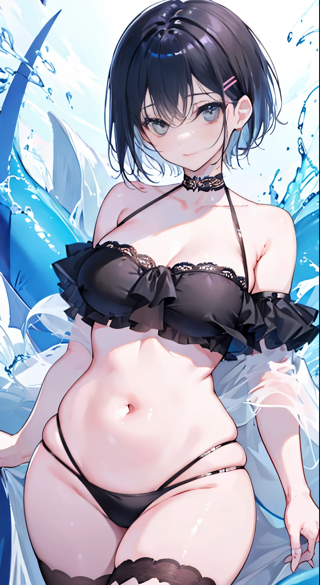 "(perfect masterpiece:1.2), (highest quality:1.2), stunning face,  compensate, long and luxurious eyelashes, lip whole, irresistible charisma.",belly button,(((mature woman))),(((very short hair))),stomach，raised his arms,NSFW,(((Chubby)))，((((bikini with ruffles)))，hair clip，wallpaper，black hair，pixie cut，very long bangs，hair between eyes，Fat figure，Mother