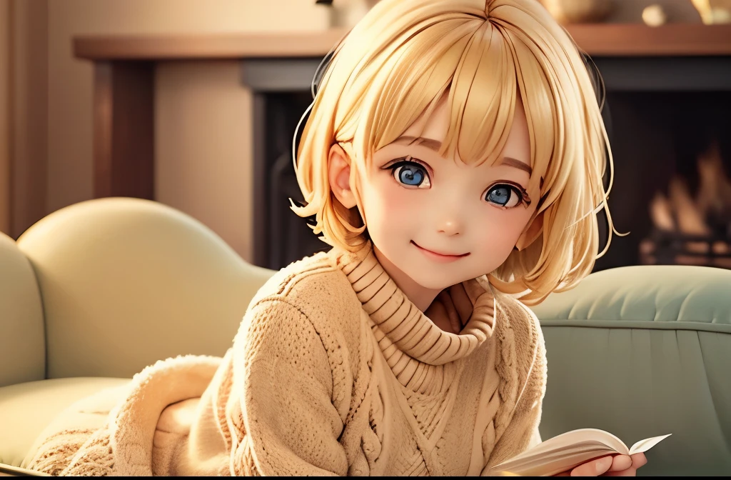 masterpiece、highest quality、small  reading a picture book、There&#39;s a fire in the fireplace、sitting on a sofa in a warm room、blonde girl、Fluffy short hair、Smiling happily、knitted clothes