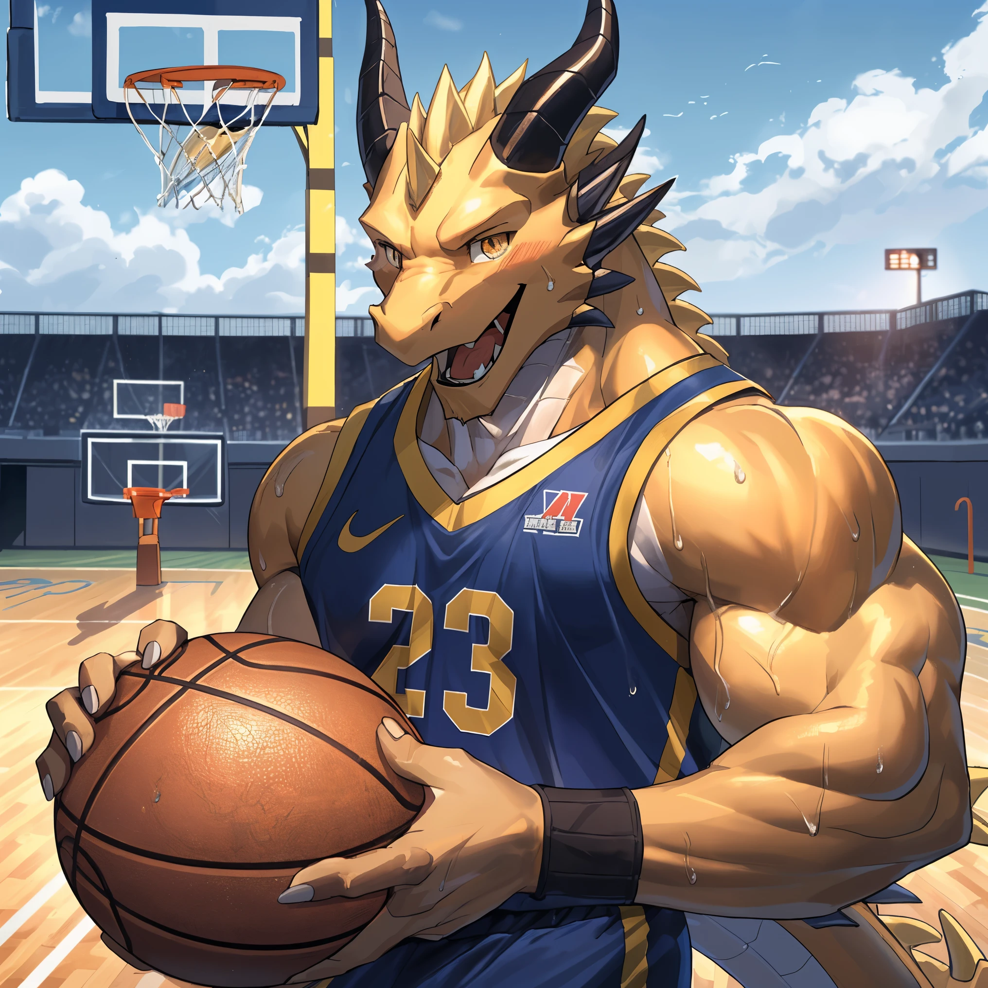 Publaz, (golden dragon), golden fur, two tone, golden eyes, (muscle发达的身体:1.3), perfect eyes, Handsome, nice,(white basketball jersey), (on the playground),(Express), sports field background,(close up),(Happy eyes:1.2),look at screen,(dragon horn),(dragon tail),Different pupils,perfect masterpiece,(16k),white belly,solo,((strong)),(sports field background),(sweat),(dick:1.2),Perfect proportion,front,blush,(wave hello and look at you:1.5),(Basketball in hand:1.3),(Open your mouth slightly and gasp.:1.2),(close distance:1.2),(clothes soaked with sweat:1,3),strong,muscle,more details,cg,