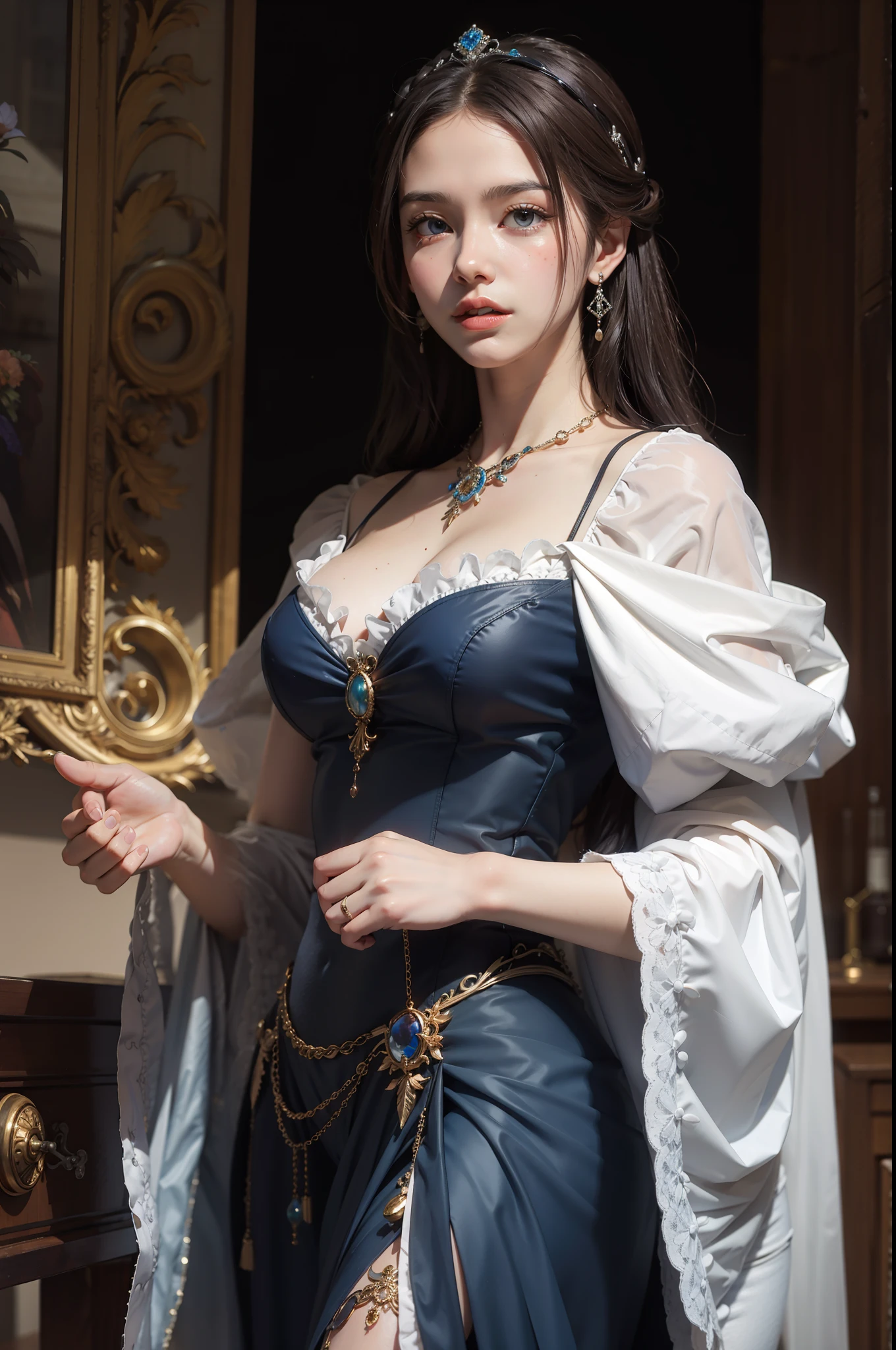 ((best quality)),Girl with glasses,holding a scepter,From below,Top Hat,large breast,The background is the castle,fat girl,fat face,White,White的,White厚底鞋,short hair,((masterpiece)),((1 girl)), Lots of details,((jewelry)),trousers, (Nikolai Fehin),(Fitchin cloth, Facin, )