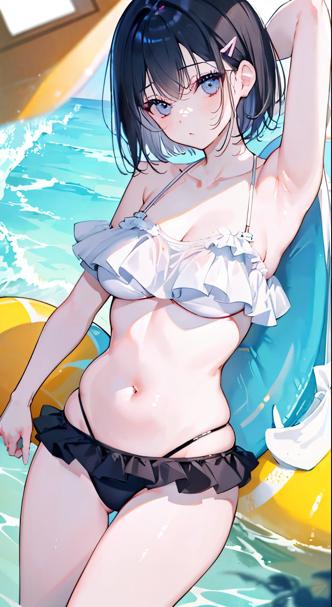 "(perfect masterpiece:1.2), (highest quality:1.2), stunning face, compensate, long and luxurious eyelashes, lip whole, irresistible charisma.",belly button,(((mature woman))),(((very short hair))),stomach,raised his arms,NSFW,(((Chubby))),((((bikini with ruffles))),hair clip,wallpaper,black hair,pixie cut,very long bangs,hair between eyes,Fat figure,Mother,lipstick