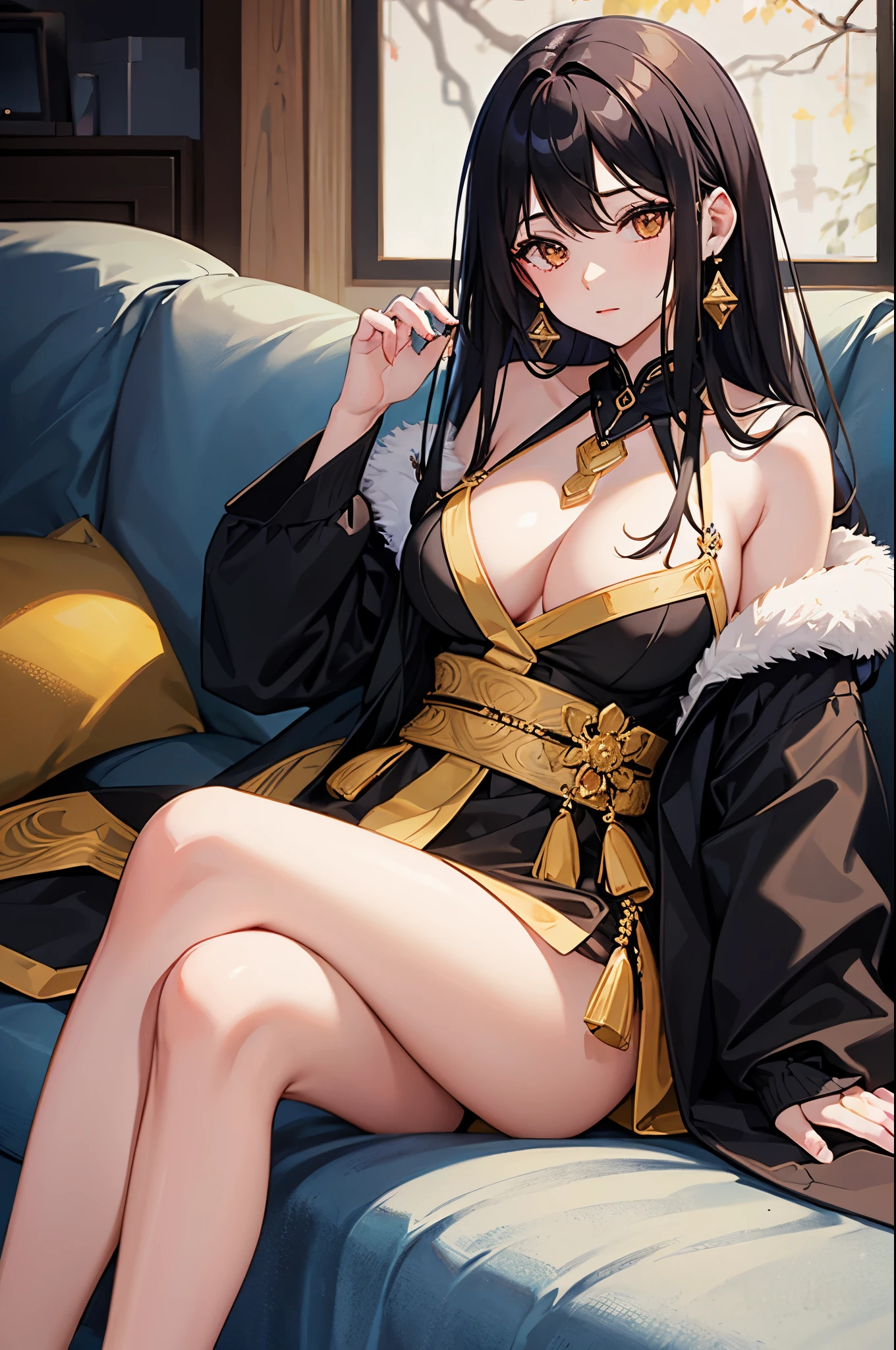 A Japanese woman, black hair, golden eyes, silky black and golden mini dress, earrings and necklace, big chest, wealthy, at luxurious house, teasing look, sitting on the couch, one hand on face