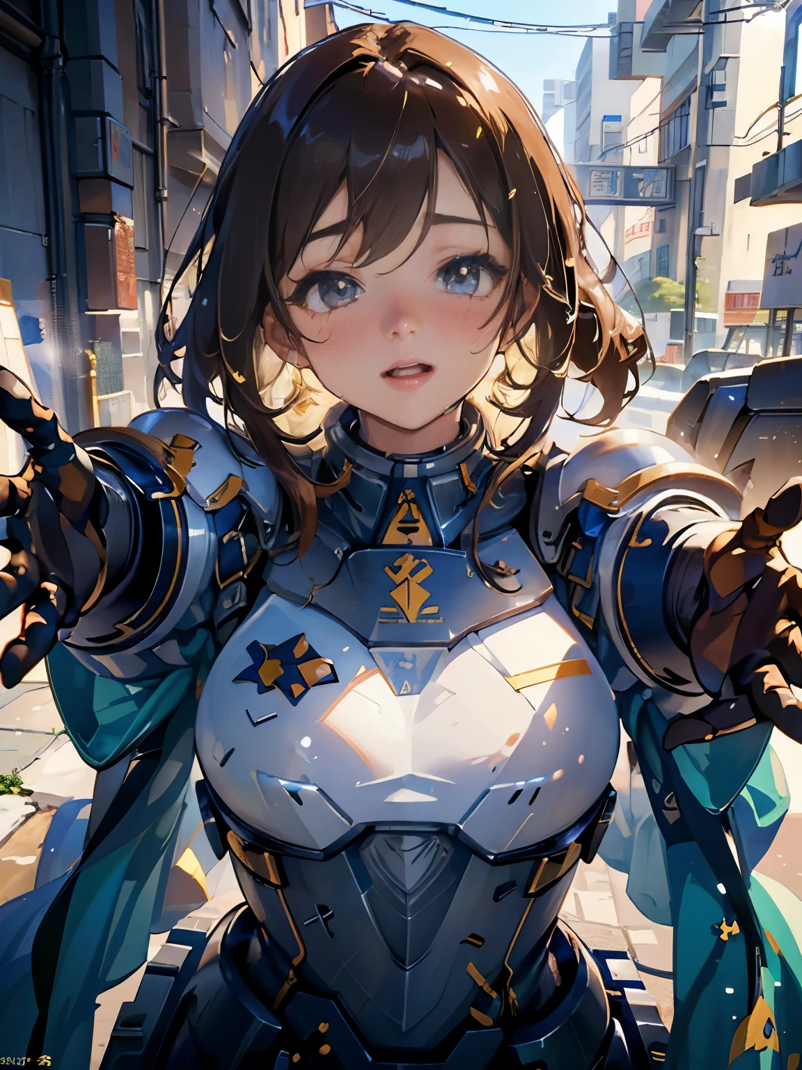 (highest quality, 8k, 32K, masterpiece, Hmm:1.3), (Attractive Japanese woman photo), ((1 girl)), ((Moderately )), abs, perfect body, super detailed face, lip details, Fine Eyes, double eyelid,, (fascinating), ((Excited:1.5)), ((in heat)), ((mature woman)) sexy girl, beautiful girl, jaw-dropping beauty, girl in mecha cyber armor, ((brown long hair:1.2)), blowjob white mecha, female mecha, mechanical valkyrie girl, beautiful white uniform clothed in sci-fi military armor, science fiction woman, in (White futuristic armor:0.9), gorgeous female paladin, ((顔と胸まinのポートレート)), ((focus on upper body)), smiling beautifully, in mecha cockpit, sunlight illuminated her beautiful face, ((direct eye contact)), ((incoming hug_kiss:1.3)), ((上半身まinクローズアップ:0.9)), kissing mouth, blushing, ((Sweat:1.1))