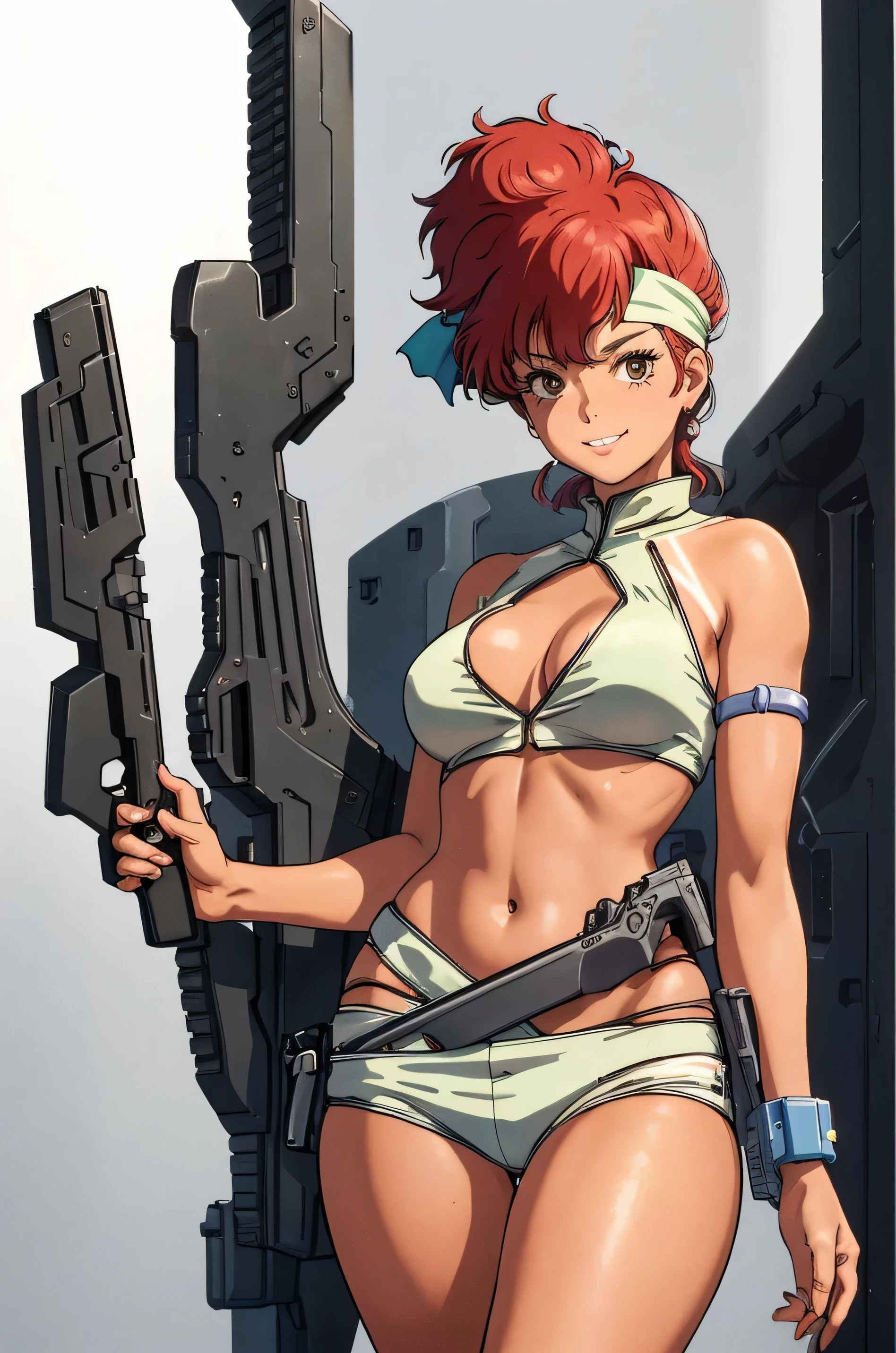 masterpiece, highest quality, High resolution, 4k, 8k, (1980s \(style\):1.1), cowboy shot, ((Dirty Pear Kay)), alone, 1 girl, tan, tanLINES, smile, looking at the viewer, put your hands on your hips, head band, uniform, crop top , Attach the gun holder to your waist, (Hold the gun, futuristic, On the left hand), face-to-face audience, looking at the viewer,