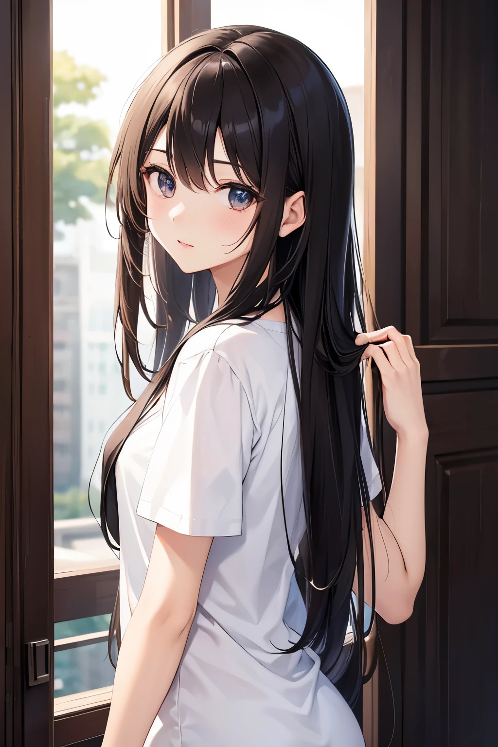 best quality, highres,1 woman,Slender、small face、brown eyes、tall、Dark brown hair BREAK、long hair、White short sleeve T-shirt BREAK、(Black skinny with no shine:1.2)、(beautiful woman:1.5)、25 years old、Mature