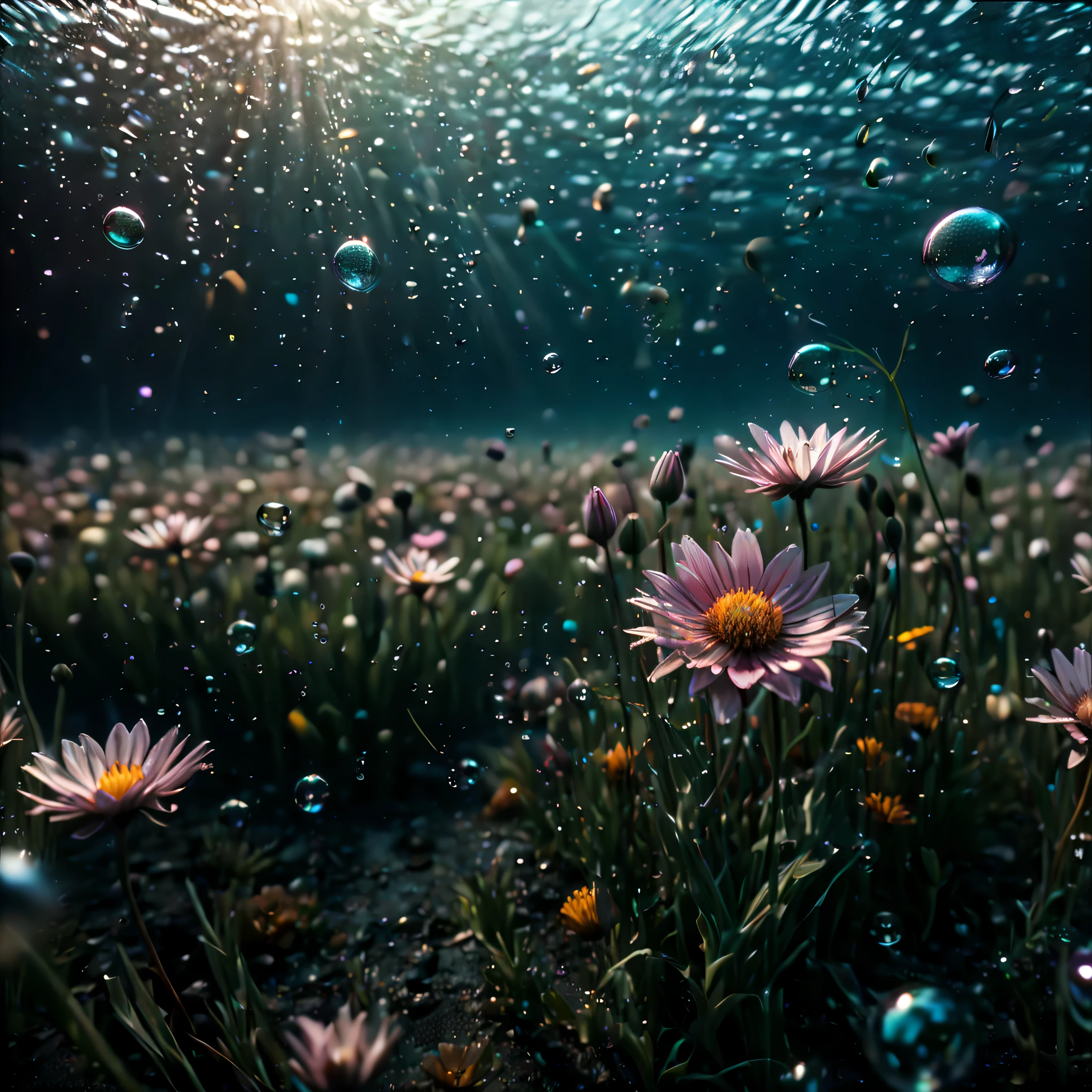 ((Masterpiece in maximum 16K resolution):1.6),((soft_color_photograpy:)1.5), ((Ultra-Detailed):1.4),((Movie-like still images and dynamic angles):1.3),| (cinematic photo of flower field under the of sea), (macro lens), (under water bubbles), (shimmer), (visual experience) ,(Realism), (Realistic),award-winning graphics, dark shot, film grain, extremely detailed, Digital Art, rtx, Unreal Engine, scene concept anti glare effect, All captured with sharp focus.