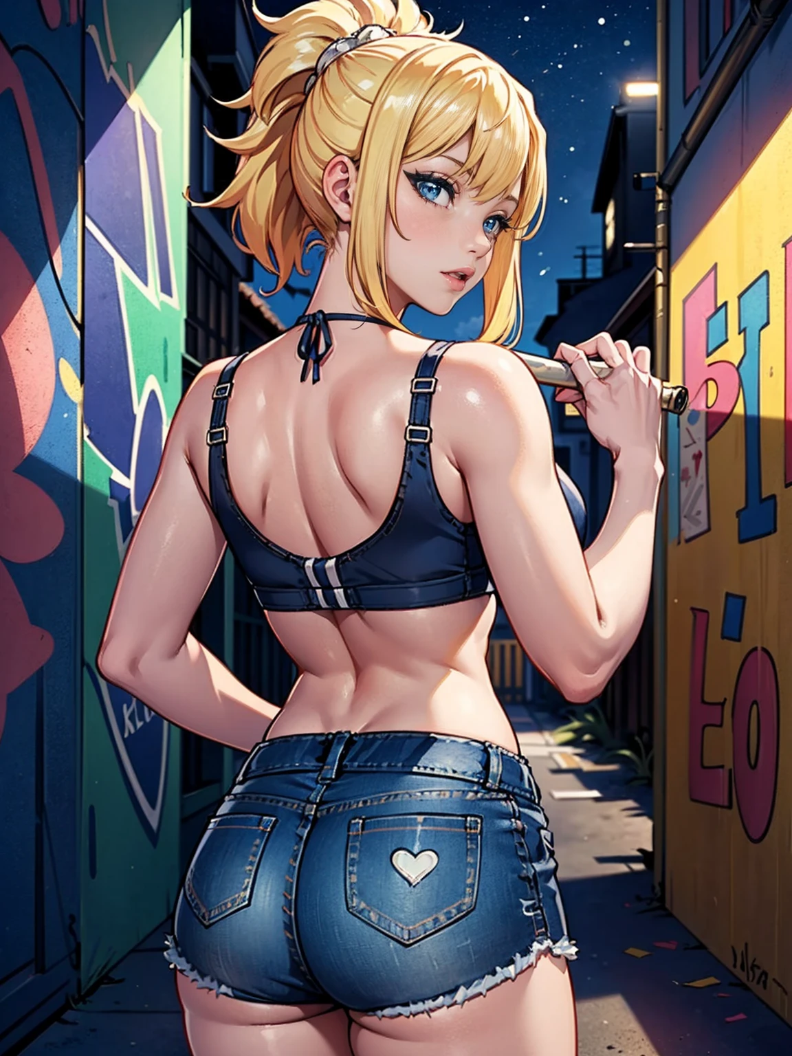 ((1girl, solo, pink lipstick, (back, behind), Extremely detailed, ambient soft lighting, 4k, perfect eyes, a perfect face, perfect lighting, a 1girl)), austere, ((malicious, (sports bra), jeans, short shorts, unbuttoned shorts)), night sky, clouds, , lots of , (graffiti alley, graffiti walls, in an alley, night, moonlight, starry night), (((austere, ((masterpiece, cowboy shot, intricate, highly detailed, 1girl)))), ((kohaku, blonde hair, blue eyes, kawai, cute, portraits, vivid colors, soft lighting))