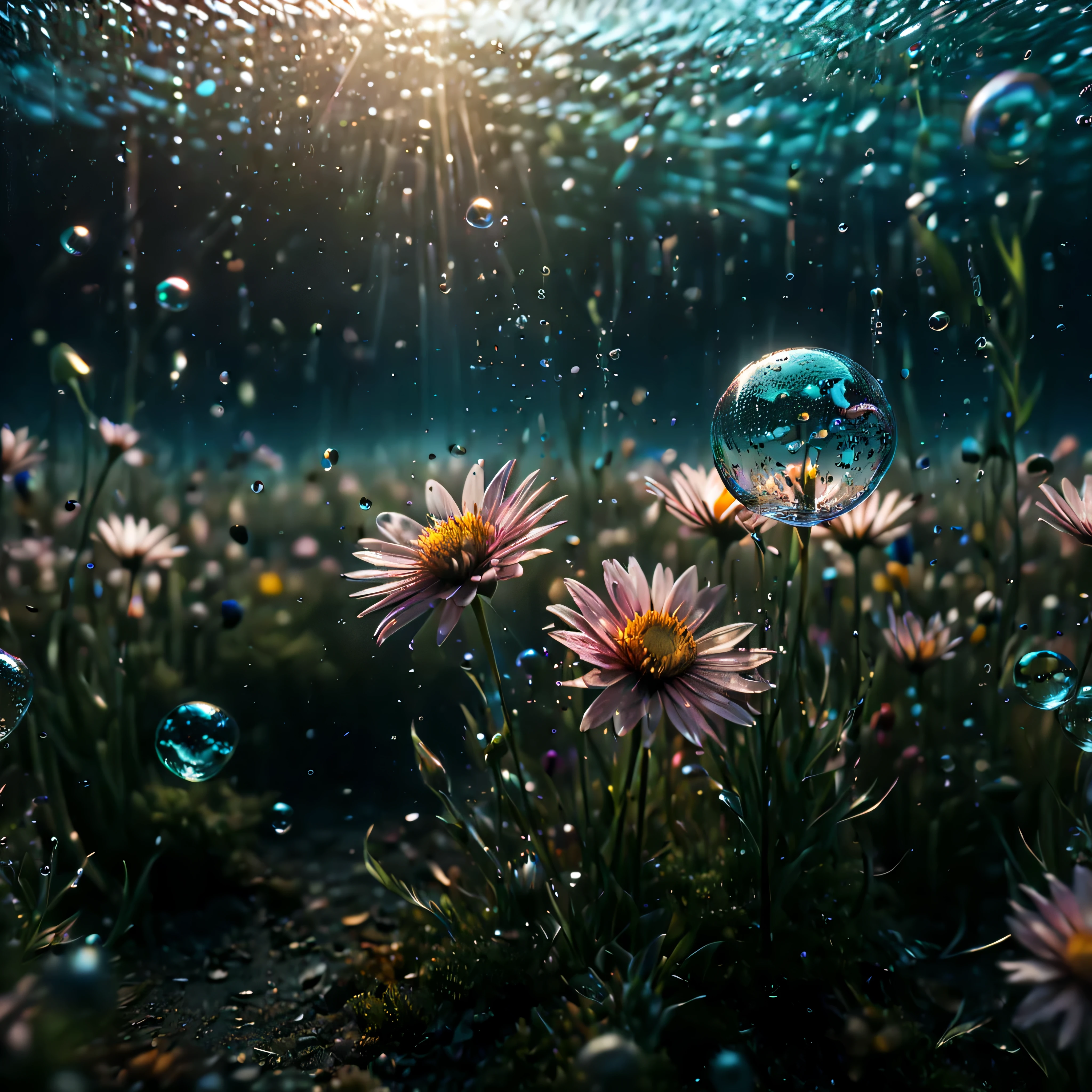 ((Masterpiece in maximum 16K resolution):1.6),((soft_color_photograpy:)1.5), ((Ultra-Detailed):1.4),((Movie-like still images and dynamic angles):1.3),| (cinematic photo of flower field under the of sea), (macro lens), (under water bubbles), (shimmer), (visual experience) ,(Realism), (Realistic),award-winning graphics, dark shot, film grain, extremely detailed, Digital Art, rtx, Unreal Engine, scene concept anti glare effect, All captured with sharp focus.