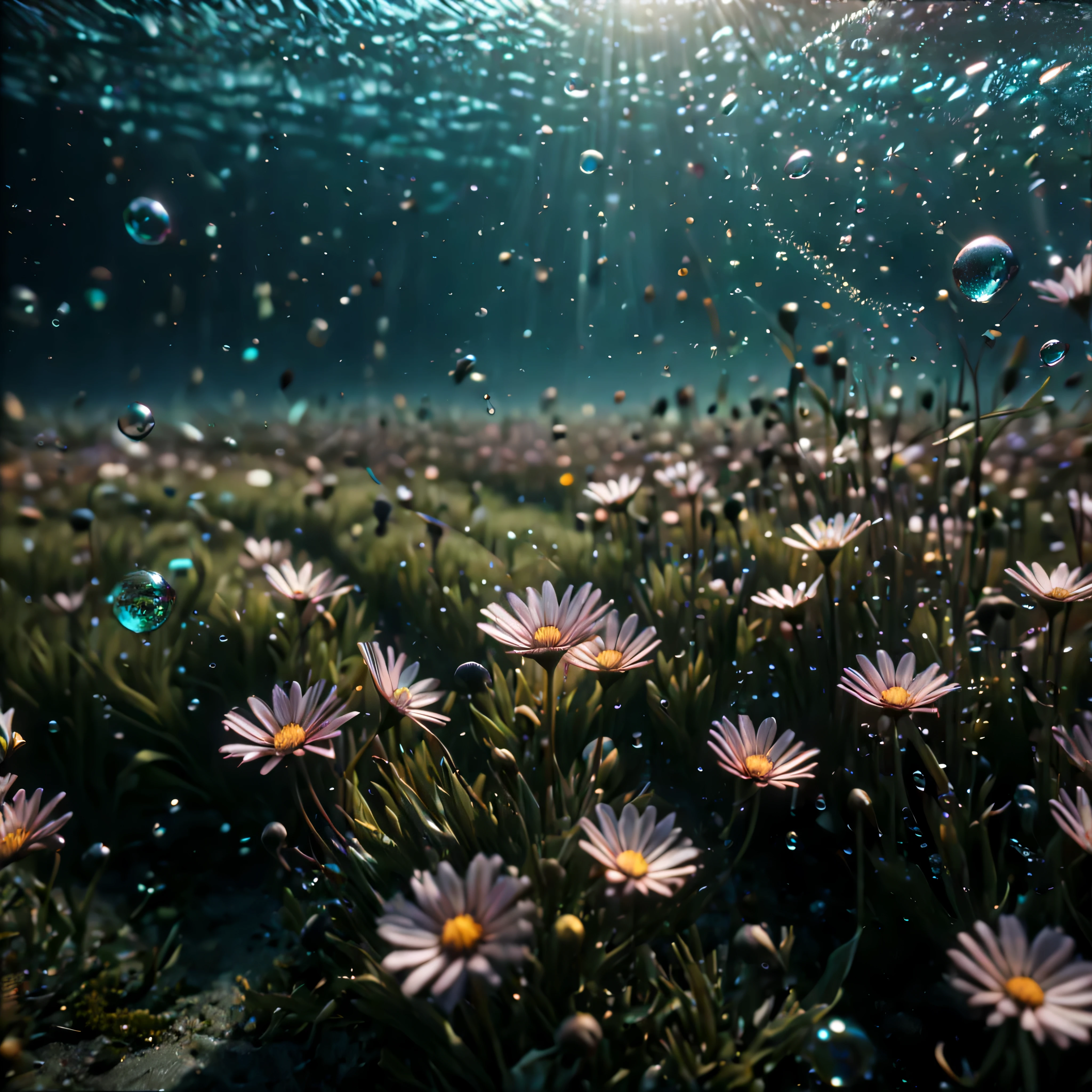 ((Masterpiece in maximum 16K resolution):1.6),((soft_color_photograpy:)1.5), ((Ultra-Detailed):1.4),((Movie-like still images and dynamic angles):1.3),| (cinematic photo of flower field under the of sea), (macro lens), (under water bubbles), (shimmer), (visual experience) ,(Surrealism), (Surrealistic),award-winning graphics, dark shot, film grain, extremely detailed, Digital Art, rtx, Unreal Engine, scene concept anti glare effect, All captured with sharp focus.