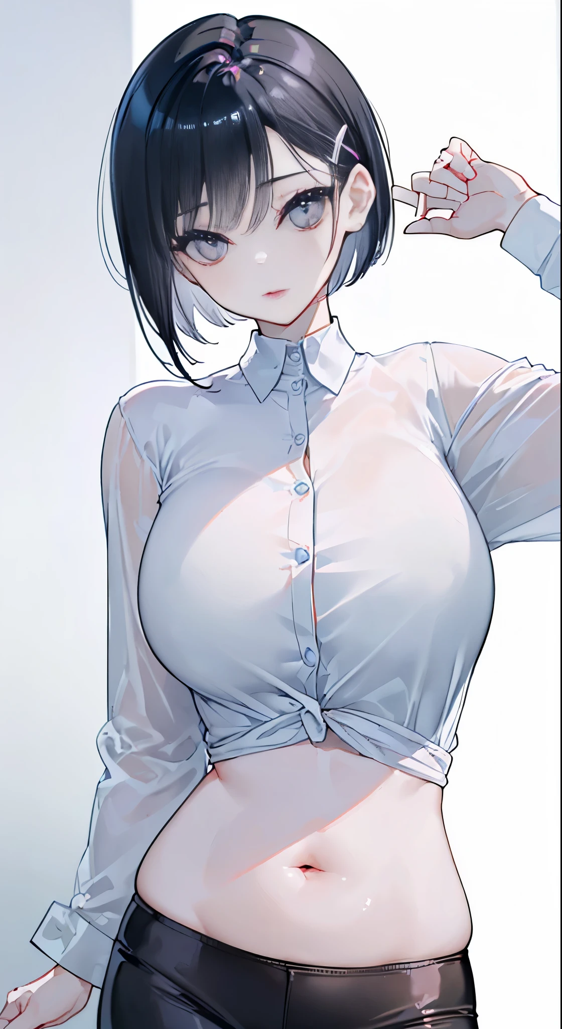"(perfect masterpiece:1.2), (highest quality:1.2), stunning face, compensate, long and luxurious eyelashes, lip whole, irresistible charisma.",belly button,(((mature woman))),(((very short hair))),stomach,raised his arms,NSFW,(((Chubby))),((((shirt))),hair clip,wallpaper,black hair,pixie cut,very long bangs,hair between eyes,Fat figure,Mother,lipstick