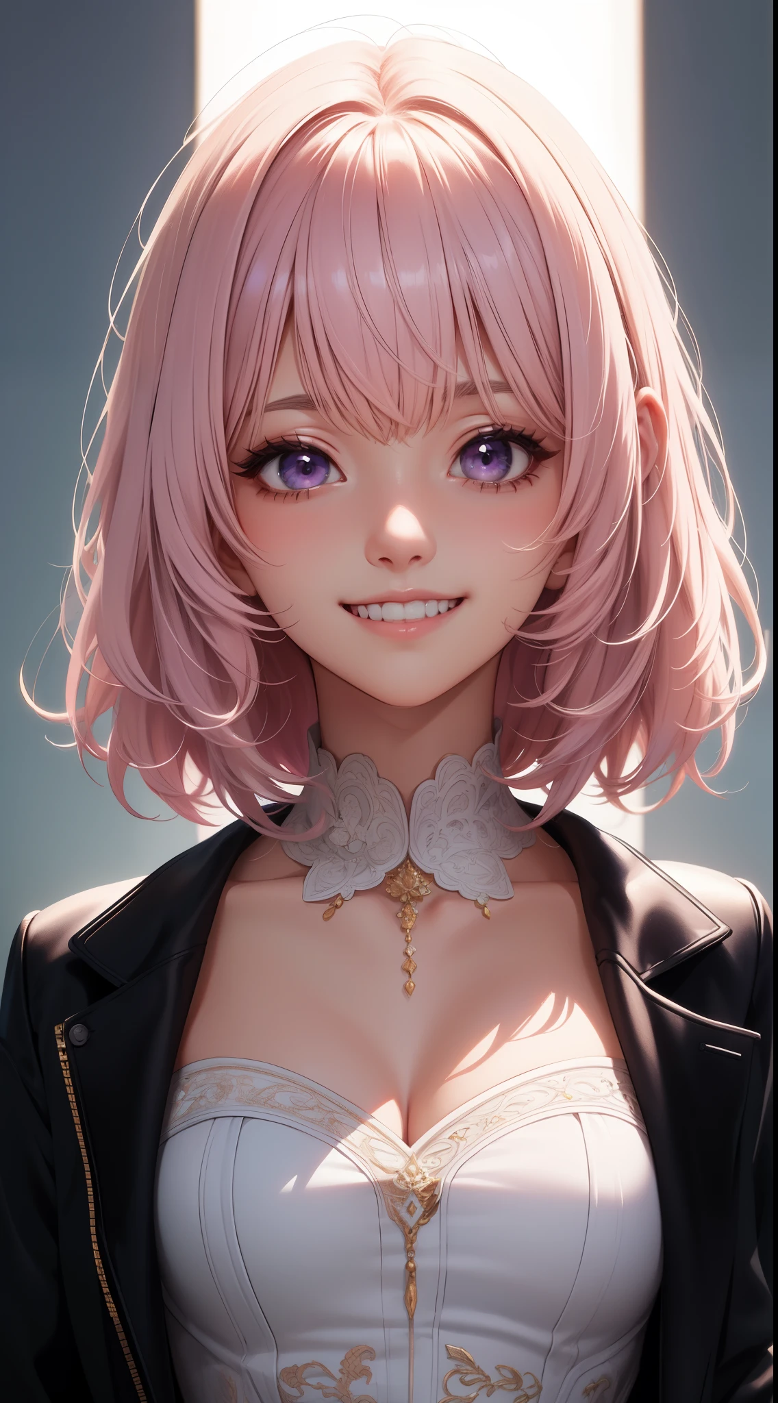(masterpiece, highest quality), intricate details, thin, ((slim)), beautiful girl, light pink hair, white skin, light purple eyes, sharp jaw line, cropped jacket, messy hair, lips, Upper body, close, grin
