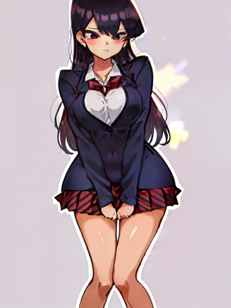 (slightly tanned Komi San:1.2), (tight clothes:1.2), (kawaii), KOMI SAN, Smile, smug face,cute face, blush, (school uniform), Dark purple hair, (Long torso:1.2), navel, (perky breasts:1.2), light thick thighs, (slightly long legs), (accurate proportional anatomy), (background), (high fantasy:1.2), Saturated bright colours