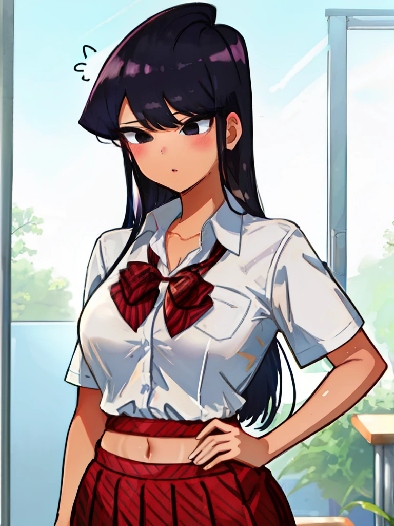(slightly tanned Komi San:1.2), (tight clothes:1.2), (kawaii), KOMI SAN, ACCURATE FACE,cute face, blush, (school uniform), Dark purple hair, (Long torso:1.2), navel, (perky breasts:1.2), light thick thighs, (slightly long legs), (accurate proportional anatomy), (background), (high fantasy:1.2), Saturated bright colours