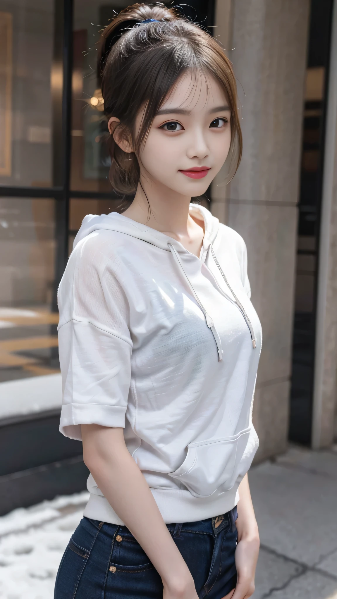 European Streets,One woman,fully body photo,masutepiece, The highest image quality, High quality, the background is clear，Beautiful woman, Japanese, Detailed, Detailed eyes, Detailed skin, Beautiful skin, 超hight resolution, (reality: 1.4),Very beautiful woman, Slightly younger face, Beautiful skin, slender, (Ultra photo realsisim), (hight resolution), (8K), (Very detailed) (beautifully detailed eyes), (super detailed), (Detailed face), view the viewer, Fine details, Detailed face, Staring straight ahead, Staring straight ahead, photos realistic, Bright lighting, Professional Lighting, Black hair,poneyTail,a baby face,fifteen years old,Hairstyle is ponytail,long ponytail hairstyle,slight smile,neat and tidy clothing,European Streets,Beautiful Japanese KPOP idol photo, hair style is ponytail, my eyes are double and wide, baby face, smile and look straight ahead, slender, small breasts,neat and tidy clothing,winter Clothing,snowing,wears a hoodie with a hood,