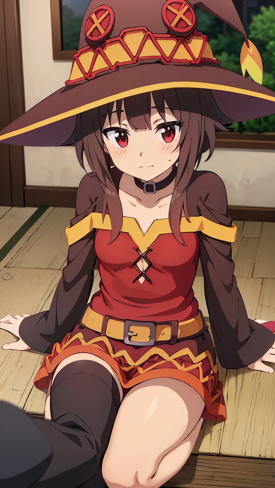 looking at viewer,,close to viewer,On the bed,blush,Naughtiness erotic pose,Darken the color,anime coloring, animated,Meguminの帽子とマントを着けている,KonoSuba, body shape,low length,Megumin,((((small breasts))),,froth,syncope,((((Megumin in この素晴らしい世界に祝福を!))),,Megumin,low length,small breasts,skinny, body shape,girl,